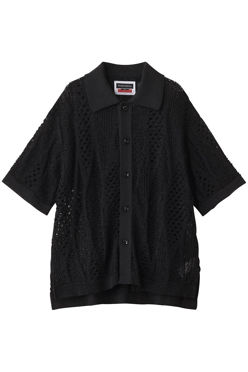 【メゾンスペシャル/MAISON SPECIAL】の【UNISEX】和紙メッシュニット半袖シャツ インテリア・キッズ・メンズ・レディースファッション・服の通販 founy(ファニー) 　ファッション　Fashion　レディースファッション　Fashion for Women　トップス・カットソー　Cut & Sew Tops　ニット　Knit Tops & Sweaters　シャツ・ブラウス・オフィスカジュアル　Elegant Blouses & Button-Ups　ユニセックス　Unisex, Genderless　カットソー　Cut and Sewn Top　サマー　Summer, Summer Style　ショート　Short, Short Length　ジャケット　Jacket, Outerwear　スリーブ　Sleeve, Long Sleeve / Short Sleeve　メッシュ　Mesh, Net Fabric　エレガント 上品　Elegant　半袖　Short Sleeve, Half Sleeve　秋　Autumn　BLK(ブラック)|ID: prp329100004580284 ipo3291000000035931136