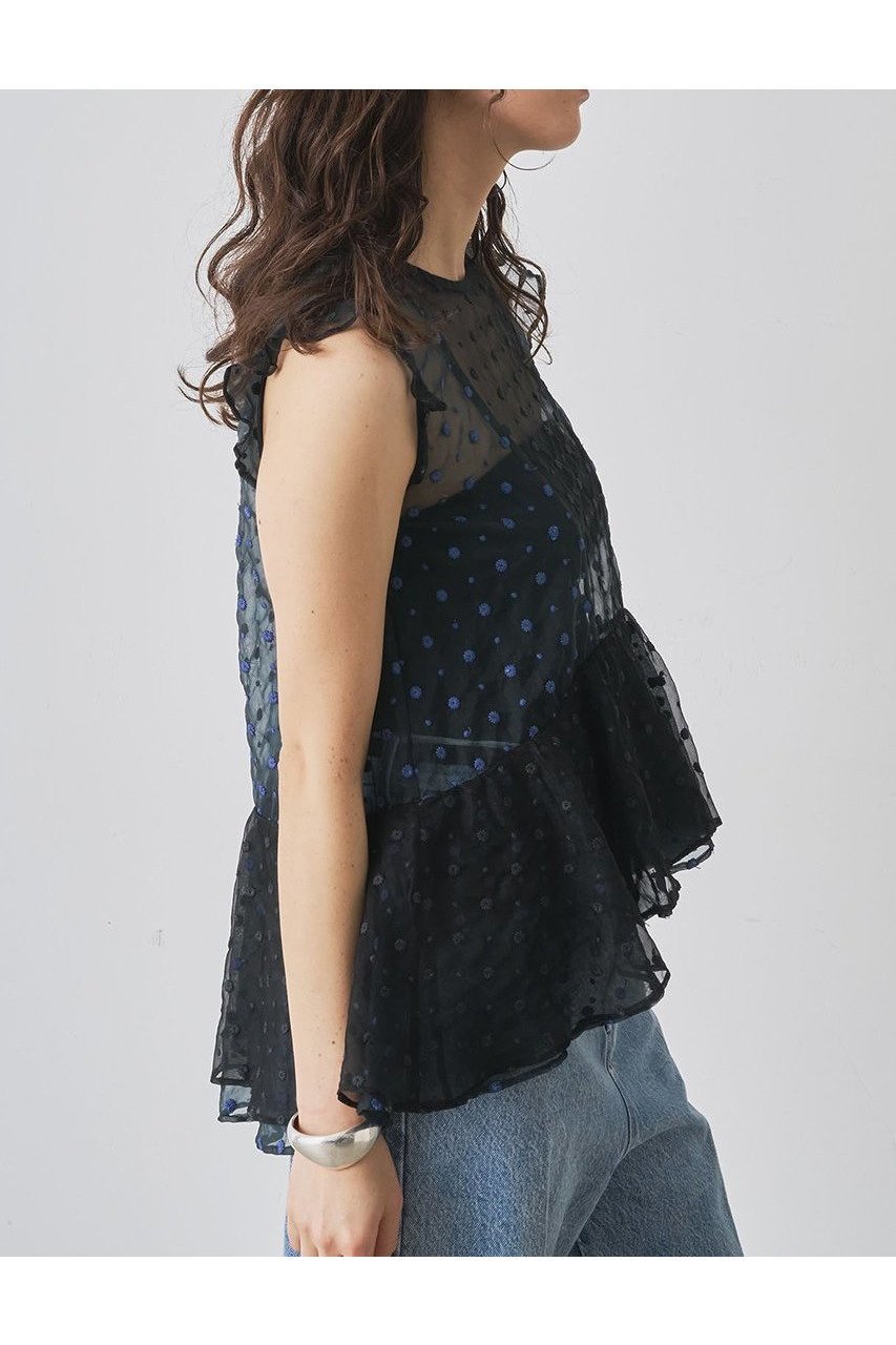 【ウィムガゼット/Whim Gazette】のドットシアーブラウス 人気、トレンドファッション・服の通販 founy(ファニー) 　ファッション　Fashion　レディースファッション　WOMEN　トップス・カットソー　Tops/Tshirt　キャミソール / ノースリーブ　No Sleeves　シャツ/ブラウス　Shirts/Blouses　インド　India　オーガンジー　Organdy　ドット　Dot　ノースリーブ　No Sleeve　フェミニン　Feminine　フラワー　Flower　フリル　Frills　NEW・新作・新着・新入荷　New Arrivals　other-5|ID: prp329100004581693 ipo3291000000032464298