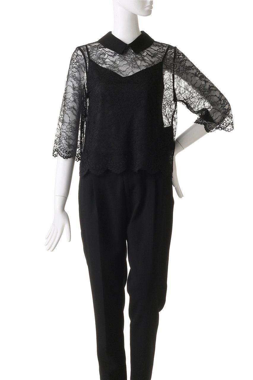 【ルームエイト/Room no.8】の【Room no.8 BLACK】ラッセルレース Wカラートップス 人気、トレンドファッション・服の通販 founy(ファニー) 　ファッション　Fashion　レディースファッション　Fashion for Women　トップス・カットソー　Cut & Sew Tops　シャツ・ブラウス・オフィスカジュアル　Elegant Blouses & Button-Ups　おすすめ　Recommended / Our Picks　インナー　Innerwear　キャミソール　Camisole, Spaghetti Strap Top　ショート　Short, Short Length　スリーブ　Sleeve, Long Sleeve / Short Sleeve　デニム　Denim, Jeans Material　フェミニン　Feminine, Girly　フレア　Flare, Flared　ラッセル　Raschel, Raschel Lace　レース　Lace, Lace Fabric　ロング　Long, Long-Length　other-2|ID: prp329100004584385 ipo3291000000035341352