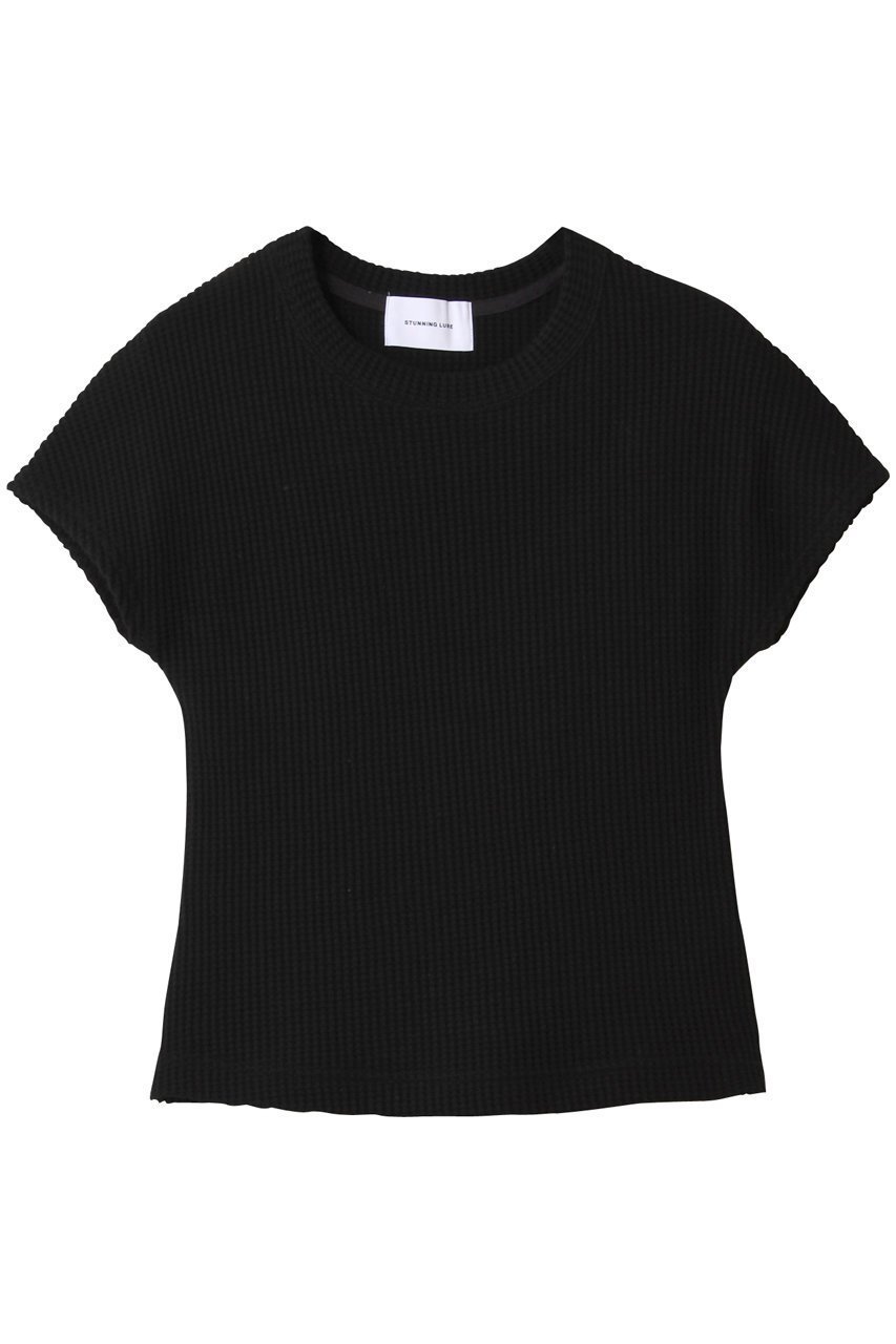 【スタニングルアー/STUNNING LURE】のワッフルTシャツ インテリア・キッズ・メンズ・レディースファッション・服の通販 founy(ファニー) 　ファッション　Fashion　レディースファッション　Fashion for Women　トップス・カットソー　Cut & Sew Tops　シャツ・ブラウス・オフィスカジュアル　Elegant Blouses & Button-Ups　ロングTシャツ・Tシャツ　Longline T-Shirts & Tees　カットソー・ベーシックTシャツ　Cut-and-Sewn Tops / Stretch Tees & Basics　インナー　Innerwear　コンパクト　Compact, Small Size　ショート　Short, Short Length　ストレッチ　Stretch, Stretchy Fabric　スリーブ　Sleeve, Long Sleeve / Short Sleeve　ワッフル　Waffle, Waffle Knit　ブラック|ID: prp329100004585369 ipo3291000000035060767