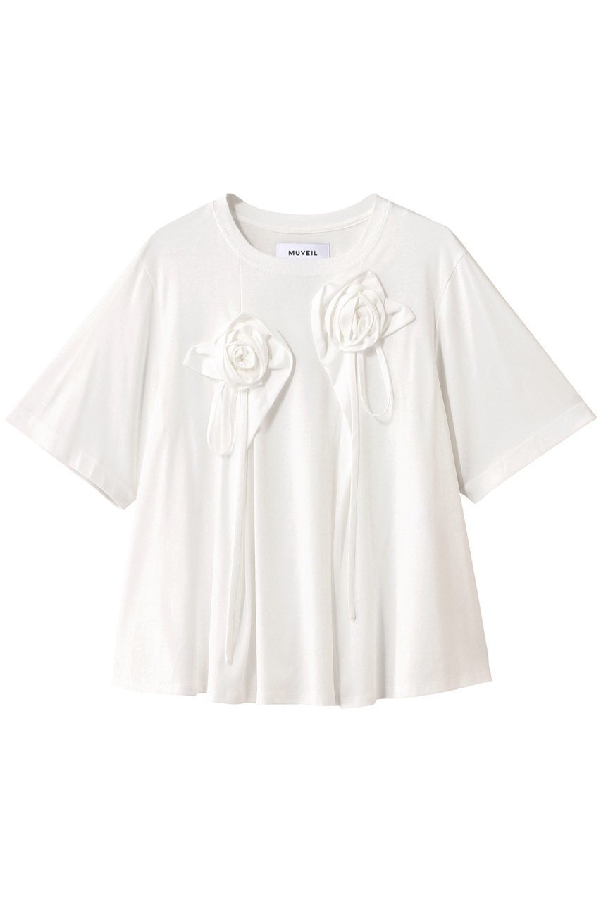 【ミュベール/MUVEIL】のローズモチーフTシャツ インテリア・キッズ・メンズ・レディースファッション・服の通販 founy(ファニー) 　ファッション　Fashion　レディースファッション　Ladies' Fashion Online　トップス・カットソー　Tops/Tshirt　シャツ/ブラウス　Shirts/Blouses　ロング / Tシャツ　T-Shirts　カットソー　Cut and Sewn　2025年　2025　2025-2026秋冬・A/W　Aw/Autumn/Winter/Fw/Fall/2025-2026　ショート　Short　スリーブ　Sleeve　ハンド　Hand　フレア　Flare　モチーフ　Motif　ローズ　Rose　A/W・秋冬　Aw・Autumn/Winter・Fw・Fall-Winter　ホワイト|ID: prp329100004585409 ipo3291000000032512970