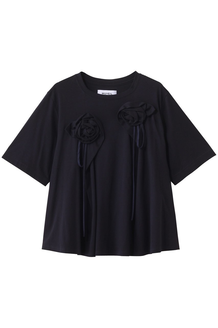 【ミュベール/MUVEIL】のローズモチーフTシャツ インテリア・キッズ・メンズ・レディースファッション・服の通販 founy(ファニー) 　ファッション　Fashion　レディースファッション　Ladies' Fashion Online　トップス・カットソー　Tops/Tshirt　シャツ/ブラウス　Shirts/Blouses　ロング / Tシャツ　T-Shirts　カットソー　Cut and Sewn　2025年　2025　2025-2026秋冬・A/W　Aw/Autumn/Winter/Fw/Fall/2025-2026　ショート　Short　スリーブ　Sleeve　ハンド　Hand　フレア　Flare　モチーフ　Motif　ローズ　Rose　A/W・秋冬　Aw・Autumn/Winter・Fw・Fall-Winter　ネイビー|ID: prp329100004585409 ipo3291000000032512972