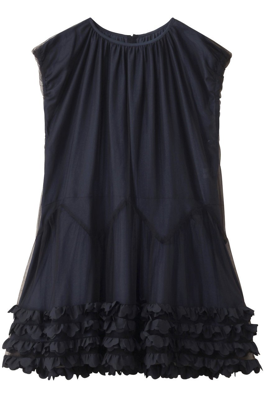 【ミュベール/MUVEIL】のフリルチュニックワンピース インテリア・キッズ・メンズ・レディースファッション・服の通販 founy(ファニー) 　ファッション　Fashion　レディースファッション　Fashion for Women　ワンピース　Dresses　チュニック　Tunic Tops & Dresses　インナー　Innerwear　スリーブ　Sleeve, Long Sleeve / Short Sleeve　チュニック　Tunic, Long Top　フォルム　Silhouette, Form　フリル　Frill, Ruffle　フレア　Flare, Flared　フレンチ　French, French Style　ブライト　Bright, Shiny　ラウンド　Round, Round Neck　ネイビー|ID: prp329100004585412 ipo3291000000032512993