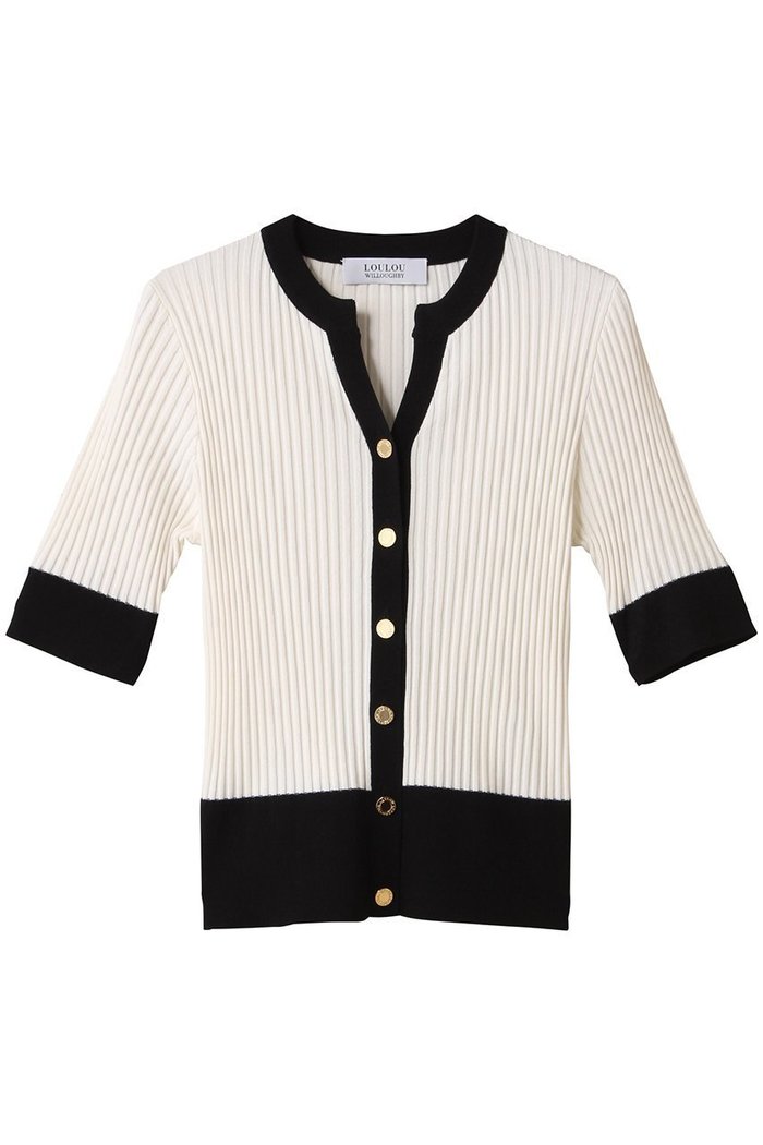 【アルアバイル/allureville】の【Loulou Willoughby】バイカラーキーネック5分袖CD A インテリア・キッズ・メンズ・レディースファッション・服の通販 founy(ファニー) https://founy.com/ ファッション Fashion レディースファッション Ladies' Fashion Online トップス・カットソー Tops/Tshirt ニット Knit Tops カーディガン Cardigans カーディガン Cardigan ファブリック Fabric NEW・新作・新着・新入荷 New Arrivals |ID: prp329100004586566 ipo3291000000032523008