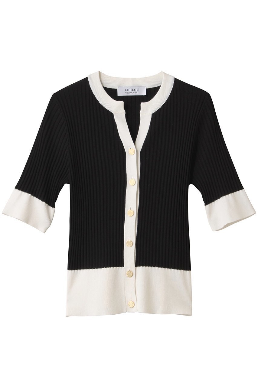 【アルアバイル/allureville】の【Loulou Willoughby】バイカラーキーネック5分袖CD A インテリア・キッズ・メンズ・レディースファッション・服の通販 founy(ファニー) 　ファッション　Fashion　レディースファッション　Ladies' Fashion Online　トップス・カットソー　Tops/Tshirt　ニット　Knit Tops　カーディガン　Cardigans　カーディガン　Cardigan　ファブリック　Fabric　NEW・新作・新着・新入荷　New Arrivals　ブラック|ID: prp329100004586566 ipo3291000000032523012