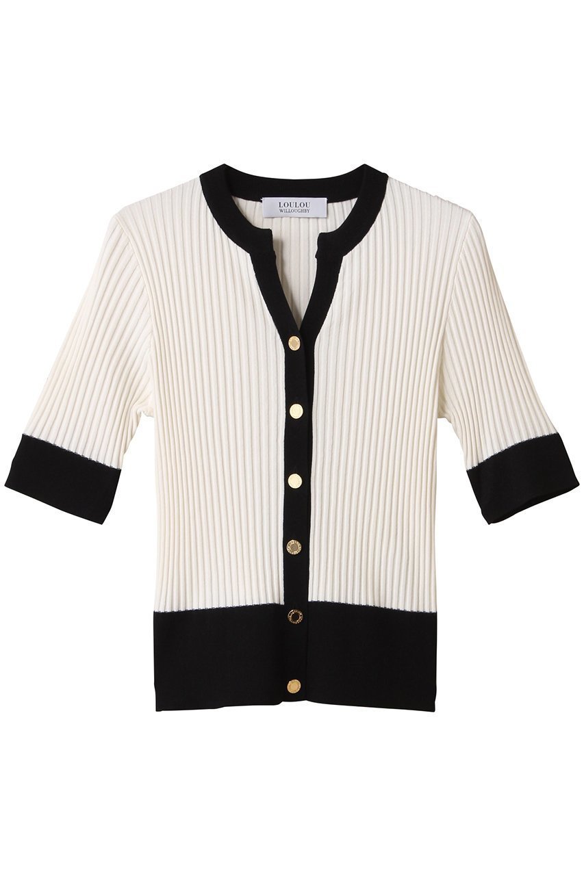 【アルアバイル/allureville】の【Loulou Willoughby】バイカラーキーネック5分袖CD A インテリア・キッズ・メンズ・レディースファッション・服の通販 founy(ファウニー) 　ファッション　Fashion　レディースファッション　Fashion for Women　トップス・カットソー　Cut & Sew Tops　ニット　Knit Tops & Sweaters　カーディガン・羽織り　Layered Style Cardigans　カーディガン　Cardigan, Knitwear　ファブリック　Fabric, Textile　オフホワイト|ID: prp329100004586566 ipo3291000000036828678