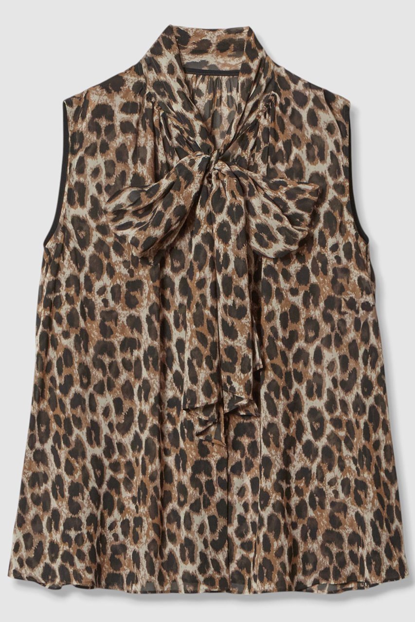 【アルアバイル/allureville】のレオパードプリントボウブラウス インテリア・キッズ・メンズ・レディースファッション・服の通販 founy(ファニー) 　ファッション　Fashion　レディースファッション　Fashion for Women　トップス・カットソー　Cut & Sew Tops　キャミソール&ノースリーブ　Camisoles & Sleeveless Tops　シャツ・ブラウス・オフィスカジュアル　Elegant Blouses & Button-Ups　カーゴパンツ　Cargo Pants, Utility Pants　ジーンズ　Jeans, Denim Pants　ノースリーブ　Sleeveless, No-Sleeve　フェミニン　Feminine, Girly　フレア　Flare, Flared　ボトム　Bottoms, Lower Wear　レオパード　Leopard, Animal Print　ブラウン|ID: prp329100004588578 ipo3291000000035401670