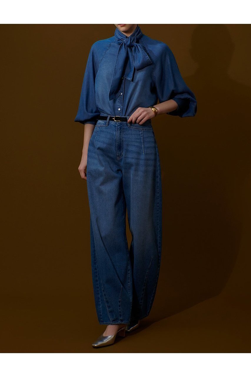 【アルアバイル/allureville】のデニムボウブラウス 人気、トレンドファッション・服の通販 founy(ファニー) 　ファッション　Fashion　レディースファッション　Fashion for Women　トップス・カットソー　Cut & Sew Tops　シャツ・ブラウス・オフィスカジュアル　Elegant Blouses & Button-Ups　ウエスタン　Western Style　スリーブ　Sleeve, Long Sleeve / Short Sleeve　セットアップ　Set-Up, Coordinated Outfit　デニム　Denim, Jeans Material　ドット　Polka Dot, Dot Pattern　ロング　Long, Long-Length　ヴィンテージ　Vintage Style　再入荷　Restock / Back in Stock　other-5|ID: prp329100004588597 ipo3291000000032549852