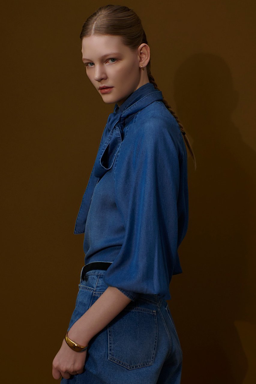 【アルアバイル/allureville】のデニムボウブラウス 人気、トレンドファッション・服の通販 founy(ファニー) 　ファッション　Fashion　レディースファッション　Fashion for Women　トップス・カットソー　Cut & Sew Tops　シャツ・ブラウス・オフィスカジュアル　Elegant Blouses & Button-Ups　ウエスタン　Western Style　スリーブ　Sleeve, Long Sleeve / Short Sleeve　セットアップ　Set-Up, Coordinated Outfit　デニム　Denim, Jeans Material　ドット　Polka Dot, Dot Pattern　ロング　Long, Long-Length　ヴィンテージ　Vintage Style　other-2|ID: prp329100004588597 ipo3291000000035764530