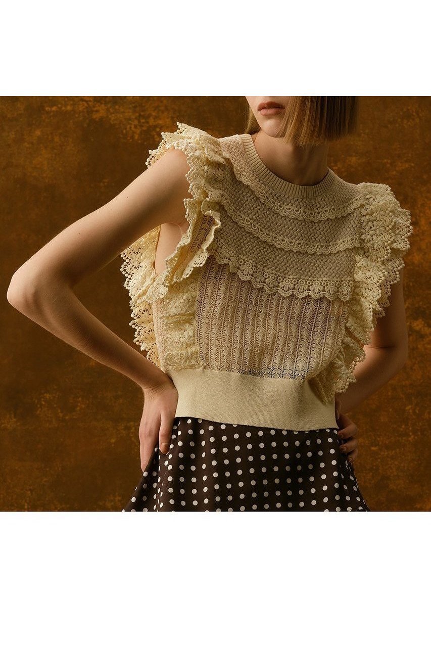 【アルアバイル/allureville】の【Loulou Willoughby】レースフリルニットプルオーバー 人気、トレンドファッション・服の通販 founy(ファニー) 　ファッション　Fashion　レディースファッション　Ladies' Fashion Online　トップス・カットソー　Tops/Tshirt　ニット　Knit Tops　プルオーバー　Pullover　アンティーク　Antique　ティアード　Tiered　ノースリーブ　No Sleeve　レース　Race　NEW・新作・新着・新入荷　New Arrivals　 other-1|ID: prp329100004589621 ipo3291000000032562569