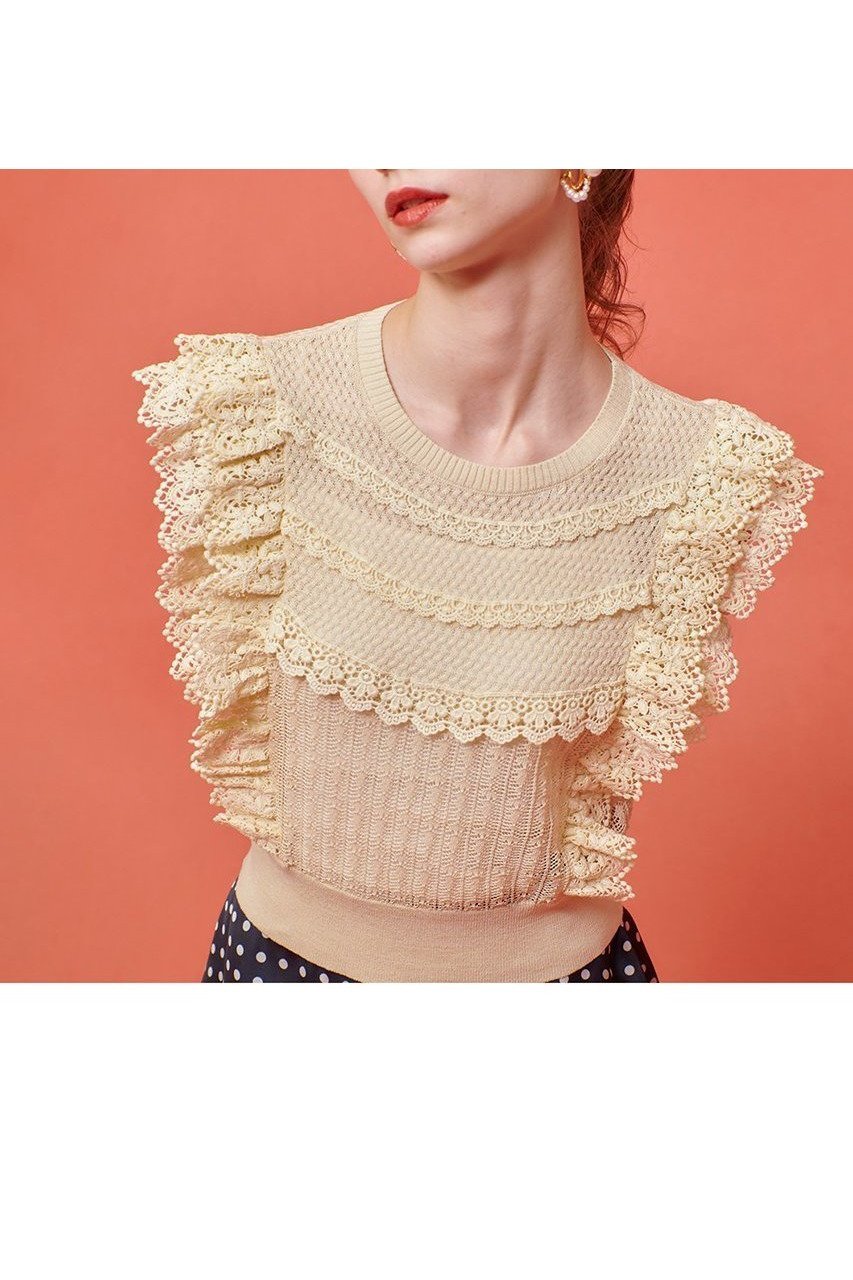 【アルアバイル/allureville】の【Loulou Willoughby】レースフリルニットプルオーバー 人気、トレンドファッション・服の通販 founy(ファニー) 　ファッション　Fashion　レディースファッション　Ladies' Fashion Online　トップス・カットソー　Tops/Tshirt　ニット　Knit Tops　プルオーバー　Pullover　アンティーク　Antique　ティアード　Tiered　ノースリーブ　No Sleeve　レース　Race　NEW・新作・新着・新入荷　New Arrivals　other-3|ID: prp329100004589621 ipo3291000000032562572
