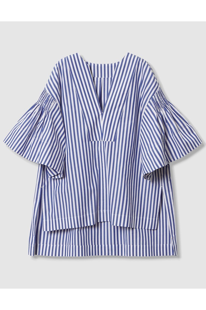 【ハウス オブ ロータス/HOUSE OF LOTUS】のストライプタックシャーリングブラウス インテリア・キッズ・メンズ・レディースファッション・服の通販 founy(ファニー) 　ファッション　Fashion　レディースファッション　Fashion for Women　トップス・カットソー　Cut & Sew Tops　シャツ・ブラウス・オフィスカジュアル　Elegant Blouses & Button-Ups　シャーリング　Shirring, Ruched　ショート　Short, Short Length　ストライプ　Stripe, Striped Pattern　スリット　Slit, Slit Detail　スリーブ　Sleeve, Long Sleeve / Short Sleeve　バランス　Balance, Style Balance　フェミニン　Feminine, Girly　フレア　Flare, Flared　フロント　Front, Front Design　マニッシュ　Mannish, Boyish　ブルー|ID: prp329100004592175 ipo3291000000034515018