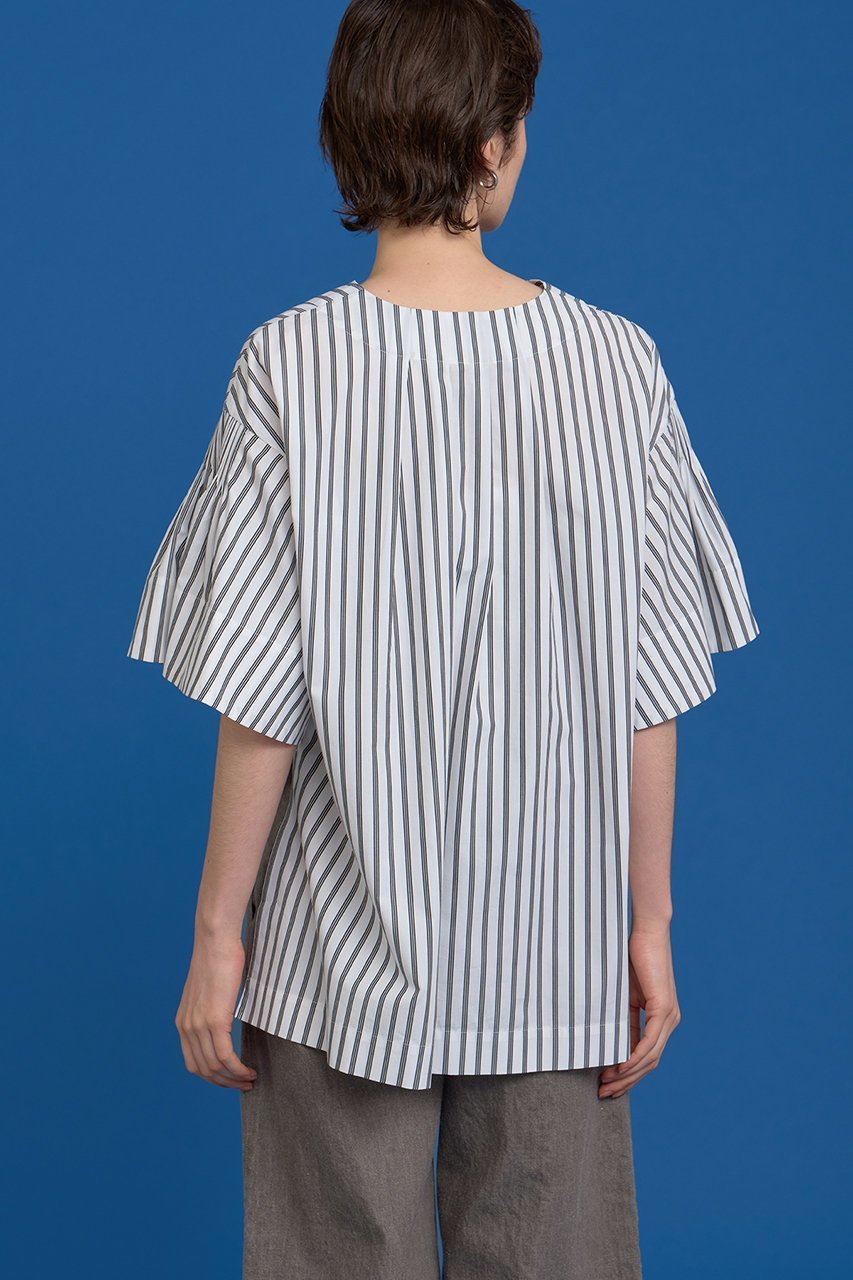 【ハウス オブ ロータス/HOUSE OF LOTUS】のストライプタックシャーリングブラウス 人気、トレンドファッション・服の通販 founy(ファニー) 　ファッション　Fashion　レディースファッション　Fashion for Women　トップス・カットソー　Cut & Sew Tops　シャツ・ブラウス・オフィスカジュアル　Elegant Blouses & Button-Ups　シャーリング　Shirring, Ruched　ショート　Short, Short Length　ストライプ　Stripe, Striped Pattern　スリット　Slit, Slit Detail　スリーブ　Sleeve, Long Sleeve / Short Sleeve　バランス　Balance, Style Balance　フェミニン　Feminine, Girly　フレア　Flare, Flared　フロント　Front, Front Design　マニッシュ　Mannish, Boyish　other-8|ID: prp329100004592175 ipo3291000000034515026