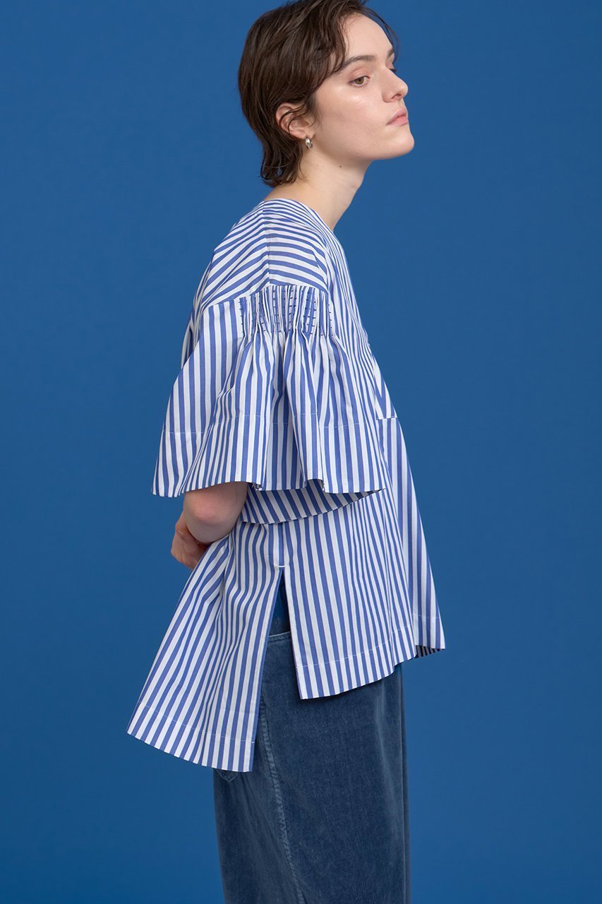 【ハウス オブ ロータス/HOUSE OF LOTUS】のストライプタックシャーリングブラウス 人気、トレンドファッション・服の通販 founy(ファニー) 　ファッション　Fashion　レディースファッション　Fashion for Women　トップス・カットソー　Cut & Sew Tops　シャツ・ブラウス・オフィスカジュアル　Elegant Blouses & Button-Ups　シャーリング　Shirring, Ruched　ショート　Short, Short Length　ストライプ　Stripe, Striped Pattern　スリット　Slit, Slit Detail　スリーブ　Sleeve, Long Sleeve / Short Sleeve　バランス　Balance, Style Balance　フェミニン　Feminine, Girly　フレア　Flare, Flared　フロント　Front, Front Design　マニッシュ　Mannish, Boyish　other-3|ID: prp329100004592175 ipo3291000000035483619