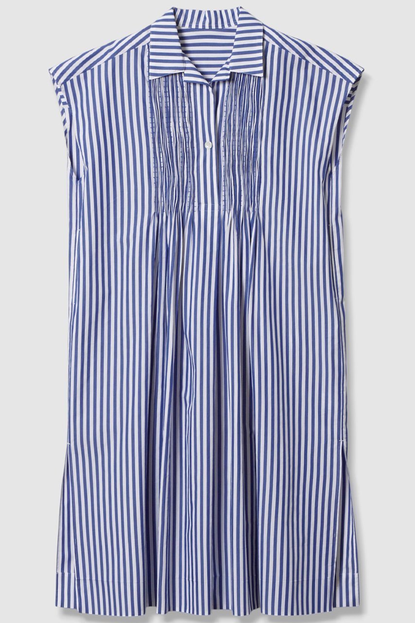 【ハウス オブ ロータス/HOUSE OF LOTUS】のストライプタックシャーリングワンピース インテリア・キッズ・メンズ・レディースファッション・服の通販 founy(ファニー) 　ファッション　Fashion　レディースファッション　Fashion for Women　ワンピース　Dresses　チュニック　Tunic Tops & Dresses　シャーリング　Shirring, Ruched　スキッパー　Skipper, Open Collar　ストライプ　Stripe, Striped Pattern　スリット　Slit, Slit Detail　スリーブ　Sleeve, Long Sleeve / Short Sleeve　チュニック　Tunic, Long Top　フレンチ　French, French Style　フロント　Front, Front Design　ブロード　Broadcloth, Fine Cotton　ブルー|ID: prp329100004592176 ipo3291000000034515028