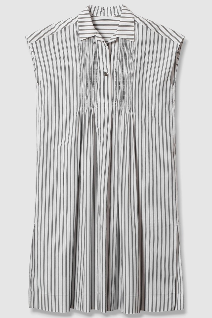 【ハウス オブ ロータス/HOUSE OF LOTUS】のストライプタックシャーリングワンピース インテリア・キッズ・メンズ・レディースファッション・服の通販 founy(ファニー) 　ファッション　Fashion　レディースファッション　Fashion for Women　ワンピース　Dresses　チュニック　Tunic Tops & Dresses　シャーリング　Shirring, Ruched　スキッパー　Skipper, Open Collar　ストライプ　Stripe, Striped Pattern　スリット　Slit, Slit Detail　スリーブ　Sleeve, Long Sleeve / Short Sleeve　チュニック　Tunic, Long Top　フレンチ　French, French Style　フロント　Front, Front Design　ブロード　Broadcloth, Fine Cotton　ブラック|ID: prp329100004592176 ipo3291000000034515029