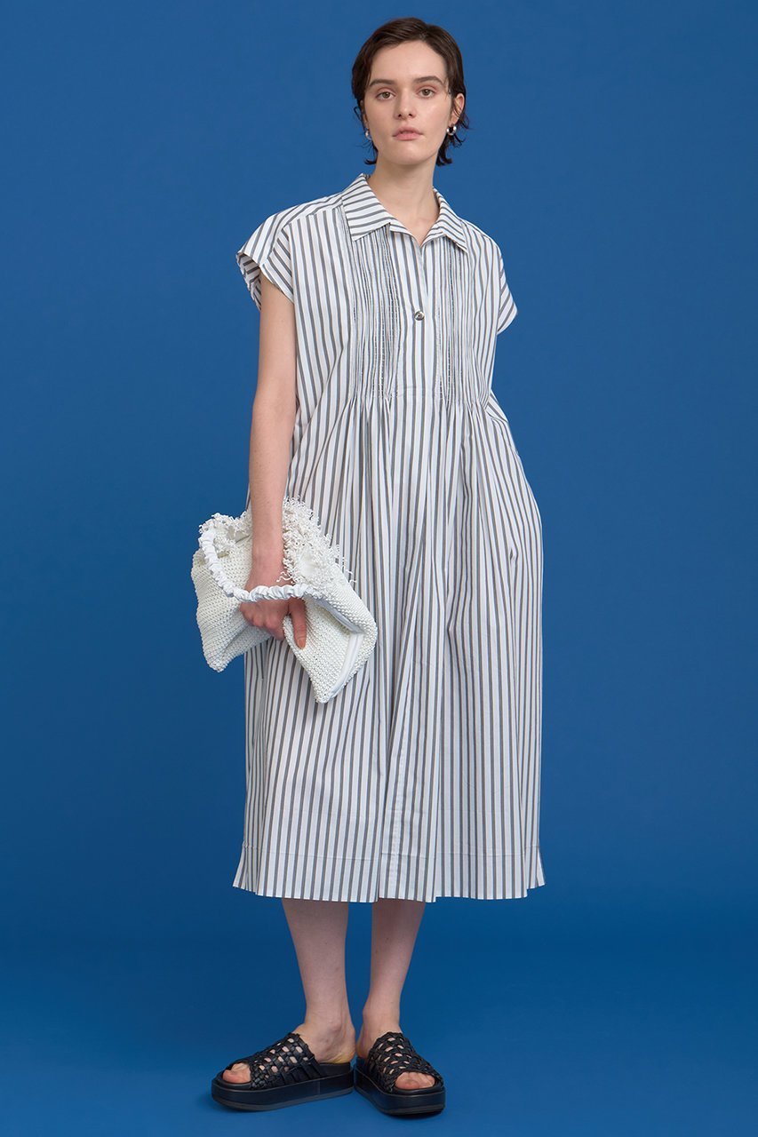 【ハウス オブ ロータス/HOUSE OF LOTUS】のストライプタックシャーリングワンピース 人気、トレンドファッション・服の通販 founy(ファニー) 　ファッション　Fashion　レディースファッション　Fashion for Women　ワンピース　Dresses　チュニック　Tunic Tops & Dresses　シャーリング　Shirring, Ruched　スキッパー　Skipper, Open Collar　ストライプ　Stripe, Striped Pattern　スリット　Slit, Slit Detail　スリーブ　Sleeve, Long Sleeve / Short Sleeve　チュニック　Tunic, Long Top　フレンチ　French, French Style　フロント　Front, Front Design　ブロード　Broadcloth, Fine Cotton　other-5|ID: prp329100004592176 ipo3291000000034515033