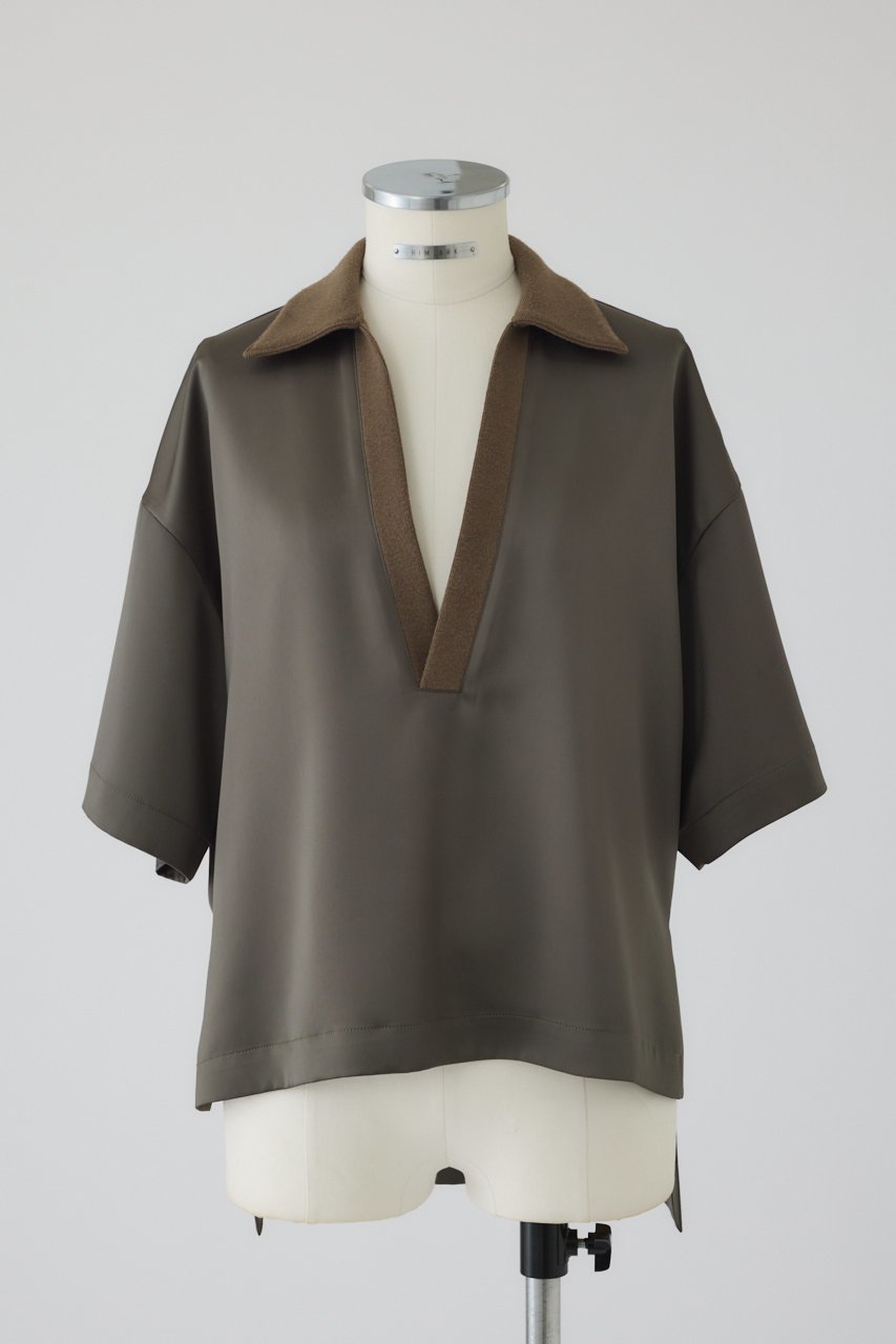 【リムアーク/RIM.ARK】のDocking skipper pullover/プルオーバー インテリア・キッズ・メンズ・レディースファッション・服の通販 founy(ファニー) 　ファッション　Fashion　レディースファッション　Fashion for Women　トップス・カットソー　Cut & Sew Tops　シャツ・ブラウス・オフィスカジュアル　Elegant Blouses & Button-Ups　カジュアルプルオーバー・ニットトップス　Pullovers & Knit Tops / Casual Pullovers　サテン　Satin, Glossy Fabric　ショート　Short, Short Length　スキッパー　Skipper, Open Collar　スリーブ　Sleeve, Long Sleeve / Short Sleeve　セットアップ　Set-Up, Coordinated Outfit　ドッキング　Docking, Mixed Material　モダン　Modern, Contemporary　ラグジュアリー　Luxury, Elegant　エレガント 上品　Elegant　カーキ|ID: prp329100004592281 ipo3291000000032602220