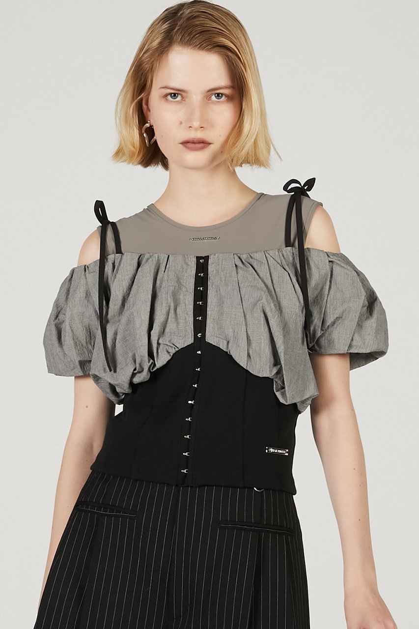 【プランク プロジェクト/PRANK PROJECT】のフォルムオフショルブラウス / Form Off Shoulder Blouse 人気、トレンドファッション・服の通販 founy(ファニー) 　ファッション　Fashion　レディースファッション　Ladies' Fashion Online　トップス・カットソー　Tops/Tshirt　シャツ/ブラウス　Shirts/Blouses　オフショルダー　Off Shoulder　カーゴパンツ　Cargo Pants　コンビ　Combination　ショート　Short　スリーブ　Sleeve　チェック　Check　デニム　Denim　バランス　Balance　フォルム　Form　フロント　Front　モダン　Modern　リボン　Ribbon　ワイド　Wide　NEW・新作・新着・新入荷　New Arrivals　other-7|ID: prp329100004592316 ipo3291000000032602479
