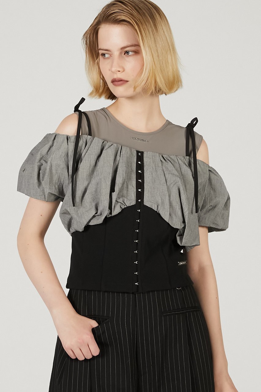 【プランク プロジェクト/PRANK PROJECT】のフォルムオフショルブラウス / Form Off Shoulder Blouse 人気、トレンドファッション・服の通販 founy(ファニー) 　ファッション　Fashion　レディースファッション　Ladies' Fashion Online　トップス・カットソー　Tops/Tshirt　シャツ/ブラウス　Shirts/Blouses　オフショルダー　Off Shoulder　カーゴパンツ　Cargo Pants　コンビ　Combination　ショート　Short　スリーブ　Sleeve　チェック　Check　デニム　Denim　バランス　Balance　フォルム　Form　フロント　Front　モダン　Modern　リボン　Ribbon　ワイド　Wide　NEW・新作・新着・新入荷　New Arrivals　other-8|ID: prp329100004592316 ipo3291000000032602480
