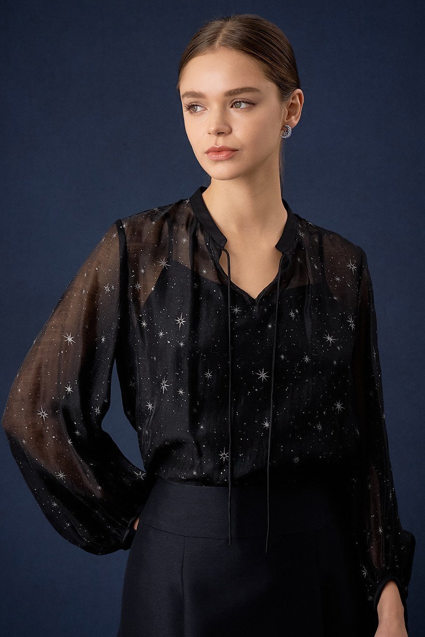 【アナイ/ANAYI】のスターグリッタープリントパフ袖ブラウス 人気、トレンドファッション・服の通販 founy(ファニー) 　ファッション　Fashion　レディースファッション　Ladies' Fashion Online　トップス・カットソー　Tops/Tshirt　シャツ/ブラウス　Shirts/Blouses　アクセサリー　Accessories　オーガンジー　Organdy　キャミソール　Camisole　コレクション　Collection　サテン　Satin　シアー　Sheer　スパンコール　Sequins　スリーブ　Sleeve　パイピング　Piping　フェミニン　Feminine　プリント　Print　リボン　Ribbon　ロング　Long　再入荷　Restock/Back In Stock/Re Arrival　other-7|ID: prp329100004593268 ipo3291000000032613904