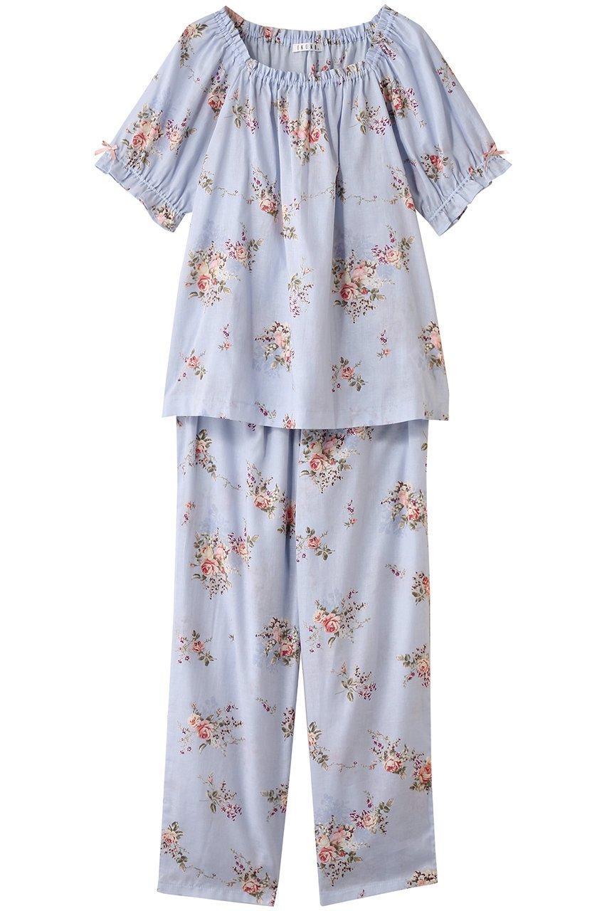 【イクコ/IKUKO】のシングルガーゼ花柄プリント パフスリーブパジャマ インテリア・キッズ・メンズ・レディースファッション・服の通販 founy(ファニー) 　ファッション　Fashion　レディースファッション　Fashion for Women　シャーリング　Shirring, Ruched　スリーブ　Sleeve, Long Sleeve / Short Sleeve　パジャマ　Pajamas, Sleepwear　プリント　Print, Printed Pattern　リボン　Ribbon, Bow　リラックス　Relax, Relaxed Fit　新作・新入荷　New Arrivals / New In　サックス|ID: prp329100004601488 ipo3291000000032715870