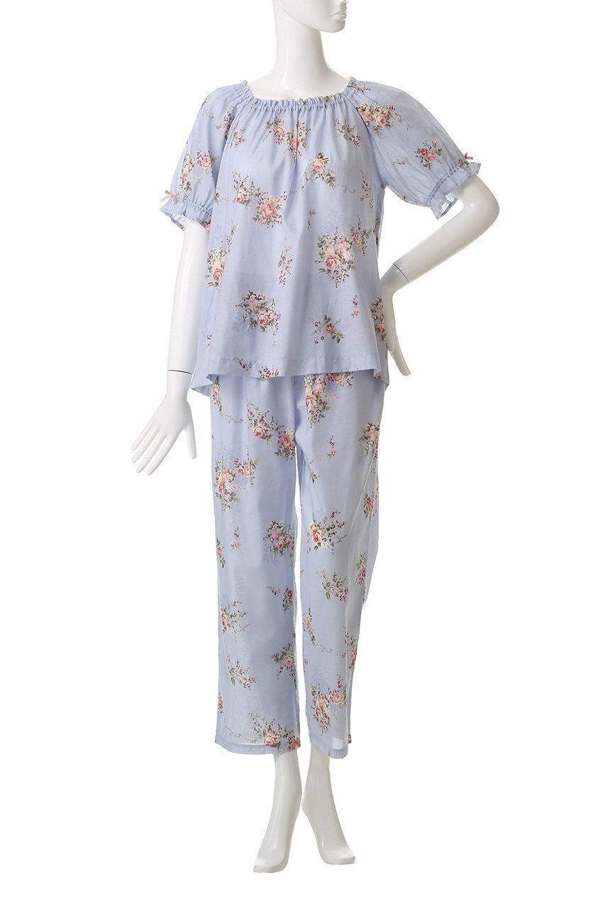 【イクコ/IKUKO】のシングルガーゼ花柄プリント パフスリーブパジャマ 人気、トレンドファッション・服の通販 founy(ファニー) 　ファッション　Fashion　レディースファッション　Fashion for Women　シャーリング　Shirring, Ruched　スリーブ　Sleeve, Long Sleeve / Short Sleeve　パジャマ　Pajamas, Sleepwear　プリント　Print, Printed Pattern　リボン　Ribbon, Bow　リラックス　Relax, Relaxed Fit　新作・新入荷　New Arrivals / New In　other-2|ID: prp329100004601488 ipo3291000000032715871
