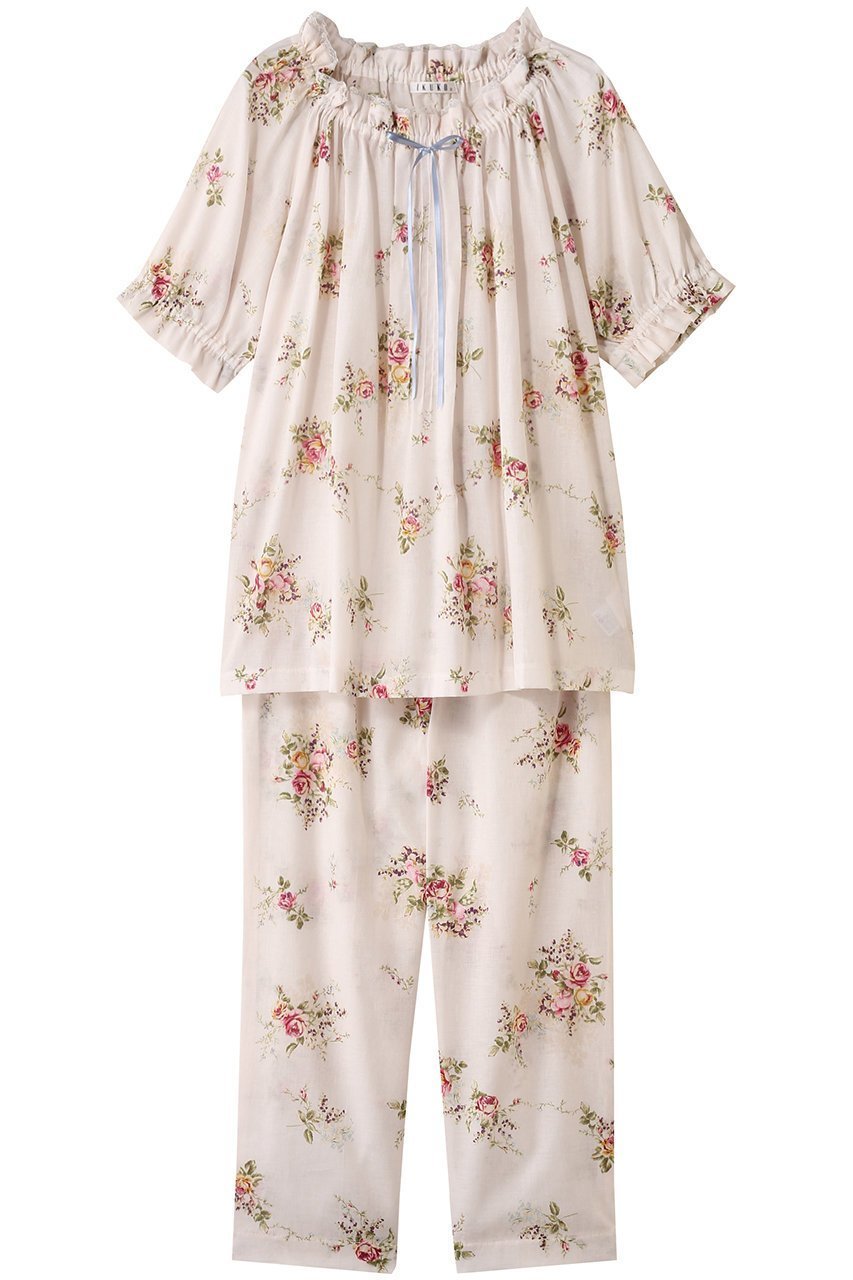 【イクコ/IKUKO】のシングルガーゼ花柄プリント フリルネック半袖パジャマ インテリア・キッズ・メンズ・レディースファッション・服の通販 founy(ファニー) 　ファッション　Fashion　レディースファッション　Fashion for Women　トップス・カットソー　Cut & Sew Tops　花柄・フラワープリント・モチーフ　Floral Prints & Motifs / Flower Pattern Tops　お家時間・ステイホーム　Stay Home / At Home　パジャマ　Pajamas, Sleepwear　フェミニン　Feminine, Girly　フリル　Frill, Ruffle　プリント　Print, Printed Pattern　リボン　Ribbon, Bow　リラックス　Relax, Relaxed Fit　半袖　Short Sleeve, Half Sleeve　新作・新入荷　New Arrivals / New In　アイボリー|ID: prp329100004601489 ipo3291000000032715877