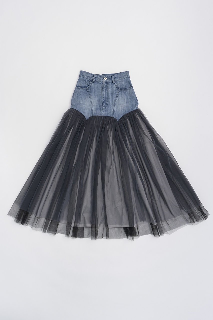 【プランク プロジェクト/PRANK PROJECT】のチュールコンビスカート / Tulle Combo Skirt インテリア・キッズ・メンズ・レディースファッション・服の通販 founy(ファニー) 　ファッション　Fashion　レディースファッション　Fashion for Women　スカート　Skirts　ロングスカート　Long Skirts / Maxi & Midi Skirts　タフタ　Taffeta, Structured Fabric　ダメージ　Distressed, Destroyed　チュール　Tulip, Tulip Motif　デニム　Denim, Jeans Material　フレア　Flare, Flared　ロング　Long, Long-Length　BLU(ブルー)|ID: prp329100004605869 ipo3291000000032822772