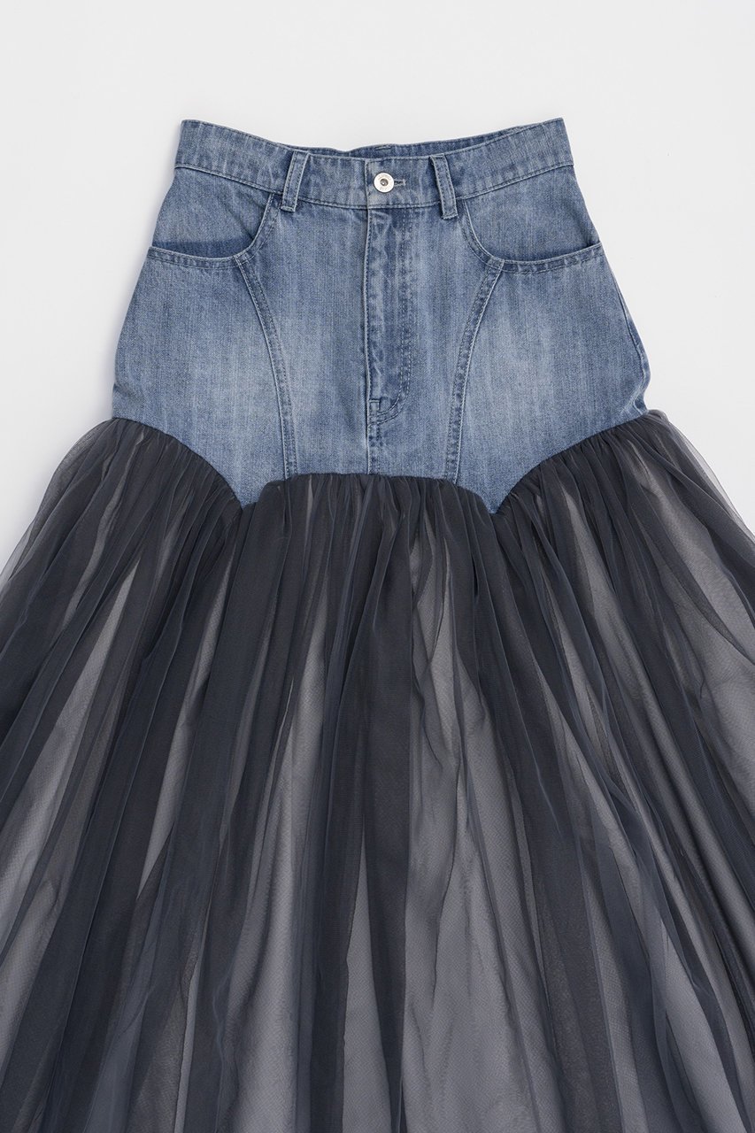 【プランク プロジェクト/PRANK PROJECT】のチュールコンビスカート / Tulle Combo Skirt 人気、トレンドファッション・服の通販 founy(ファニー) 　ファッション　Fashion　レディースファッション　Fashion for Women　スカート　Skirts　ロングスカート　Long Skirts / Maxi & Midi Skirts　タフタ　Taffeta, Structured Fabric　ダメージ　Distressed, Destroyed　チュール　Tulip, Tulip Motif　デニム　Denim, Jeans Material　フレア　Flare, Flared　ロング　Long, Long-Length　other-2|ID: prp329100004605869 ipo3291000000032822773