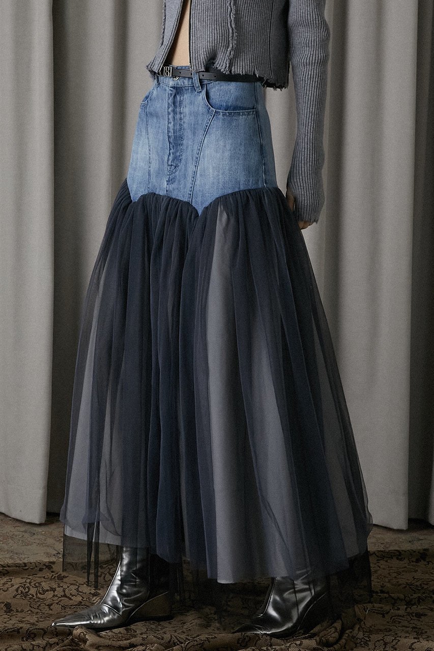 【プランク プロジェクト/PRANK PROJECT】のチュールコンビスカート / Tulle Combo Skirt 人気、トレンドファッション・服の通販 founy(ファニー) 　ファッション　Fashion　レディースファッション　Fashion for Women　スカート　Skirts　ロングスカート　Long Skirts / Maxi & Midi Skirts　タフタ　Taffeta, Structured Fabric　ダメージ　Distressed, Destroyed　チュール　Tulip, Tulip Motif　デニム　Denim, Jeans Material　フレア　Flare, Flared　ロング　Long, Long-Length　other-7|ID: prp329100004605869 ipo3291000000032822778