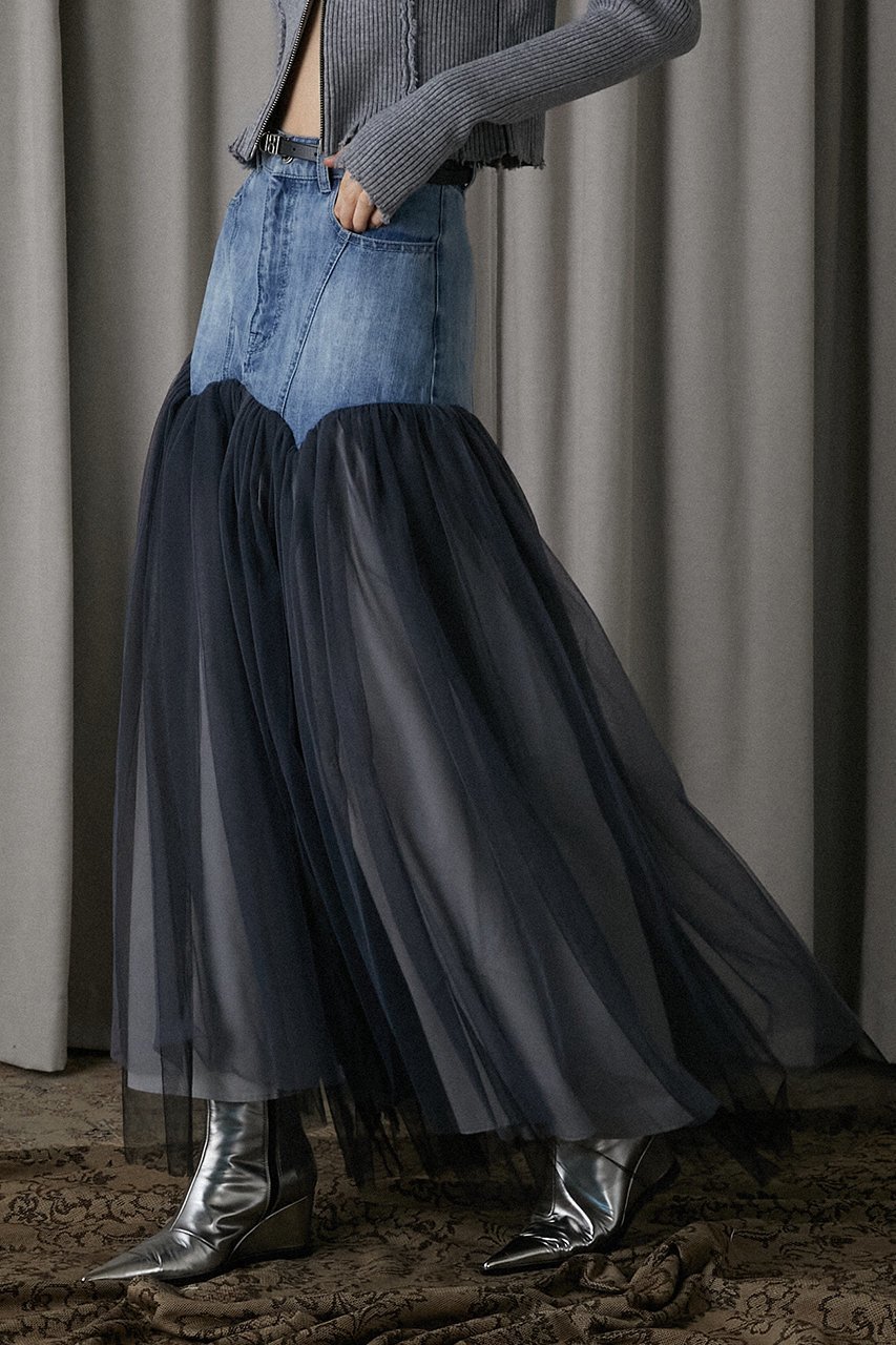 【プランク プロジェクト/PRANK PROJECT】のチュールコンビスカート / Tulle Combo Skirt 人気、トレンドファッション・服の通販 founy(ファニー) 　ファッション　Fashion　レディースファッション　Fashion for Women　スカート　Skirts　ロングスカート　Long Skirts / Maxi & Midi Skirts　タフタ　Taffeta, Structured Fabric　ダメージ　Distressed, Destroyed　チュール　Tulip, Tulip Motif　デニム　Denim, Jeans Material　フレア　Flare, Flared　ロング　Long, Long-Length　other-8|ID: prp329100004605869 ipo3291000000032822779