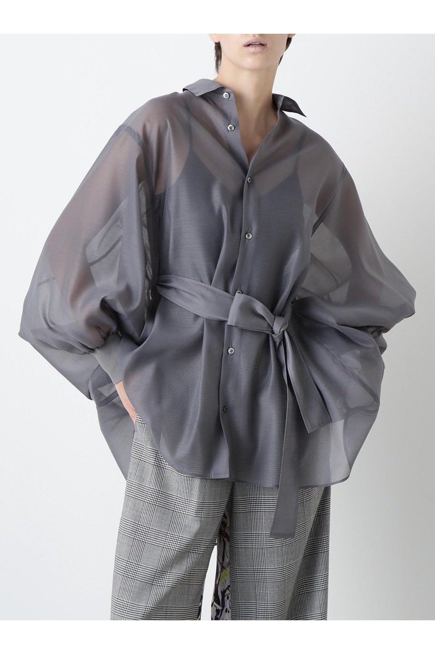 【ヒューエルミュージアム/hueLe Museum】の【STUMBLY】Sheer Belted Big Silhouette BL インテリア・キッズ・メンズ・レディースファッション・服の通販 founy(ファニー) 　ファッション　Fashion　レディースファッション　Fashion for Women　トップス・カットソー　Cut & Sew Tops　シャツ・ブラウス・オフィスカジュアル　Elegant Blouses & Button-Ups　切替　Switching, Contrast Panel　スタンダード　Standard, Basic　スリーブ　Sleeve, Long Sleeve / Short Sleeve　フォルム　Silhouette, Form　ポンチョ　Poncho, Cape Style　リボン　Ribbon, Bow　ロング　Long, Long-Length　エレガント 上品　Elegant　新作・新入荷　New Arrivals / New In　グレー|ID: prp329100004606067 ipo3291000000032835355