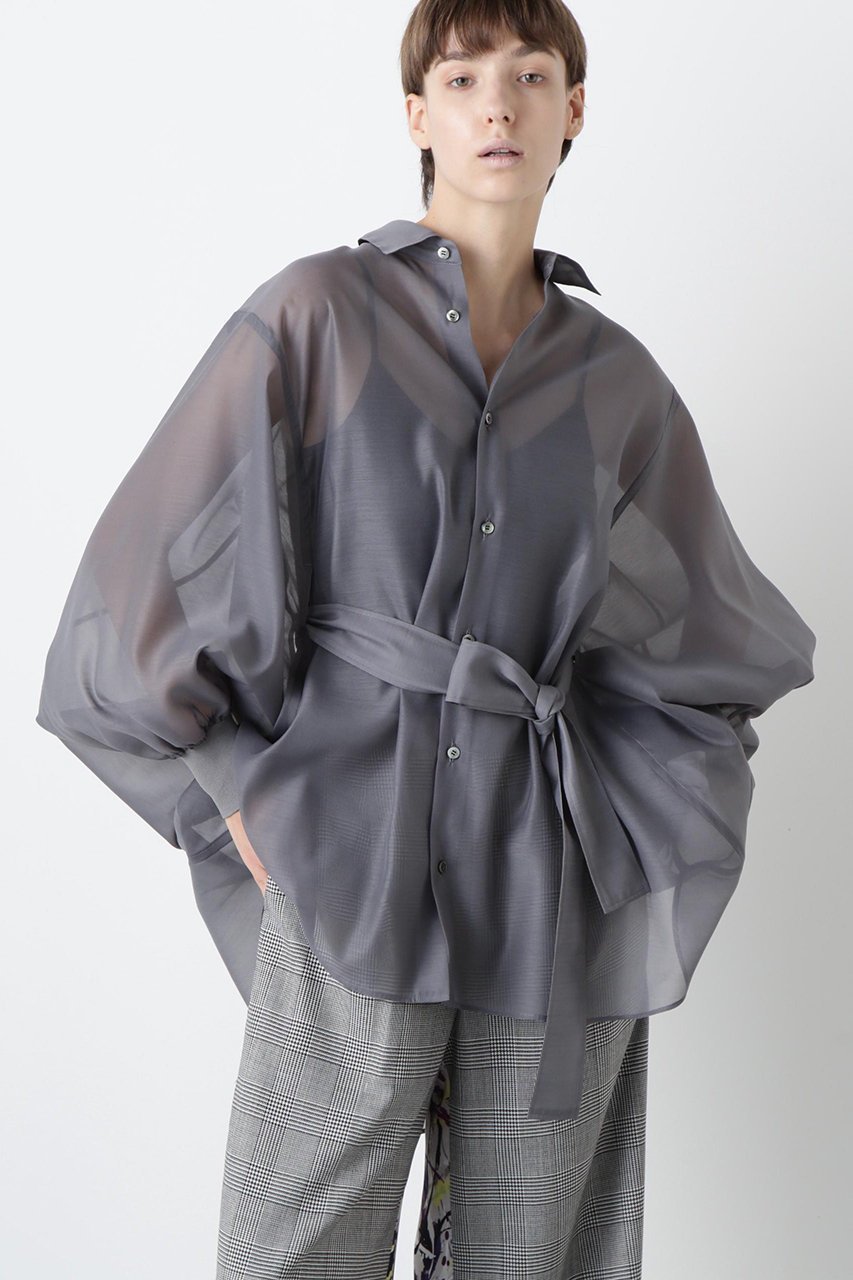 【ヒューエルミュージアム/hueLe Museum】の【STUMBLY】Sheer Belted Big Silhouette BL インテリア・キッズ・メンズ・レディースファッション・服の通販 founy(ファニー) ファッション Fashion レディースファッション Fashion for Women トップス・カットソー Cut & Sew Tops シャツ・ブラウス・オフィスカジュアル Elegant Blouses & Button-Ups スリーブ Sleeve, Long Sleeve / Short Sleeve フォルム Silhouette, Form ポンチョ Poncho, Cape Style リボン Ribbon, Bow ロング Long, Long-Length エレガント 上品 Elegant 切替 Switching, Contrast Panel グレー|ID: prp329100004606067 ipo3291000000035795595