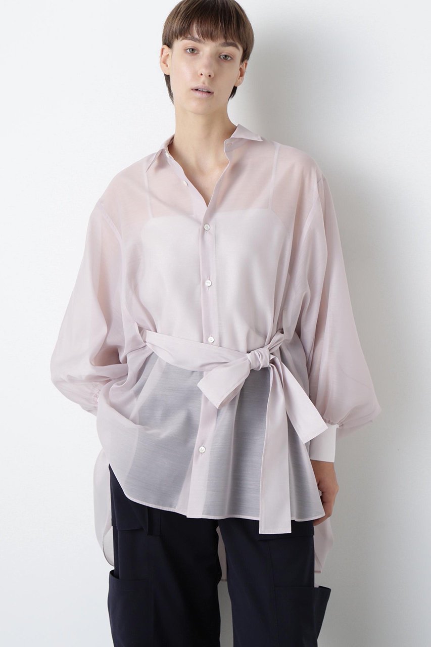 【ヒューエルミュージアム/hueLe Museum】の【STUMBLY】Sheer Belted Big Silhouette BL インテリア・キッズ・メンズ・レディースファッション・服の通販 founy(ファニー) ファッション Fashion レディースファッション Fashion for Women トップス・カットソー Cut & Sew Tops シャツ・ブラウス・オフィスカジュアル Elegant Blouses & Button-Ups スリーブ Sleeve, Long Sleeve / Short Sleeve フォルム Silhouette, Form ポンチョ Poncho, Cape Style リボン Ribbon, Bow ロング Long, Long-Length エレガント 上品 Elegant 切替 Switching, Contrast Panel ピンク|ID: prp329100004606067 ipo3291000000035795598
