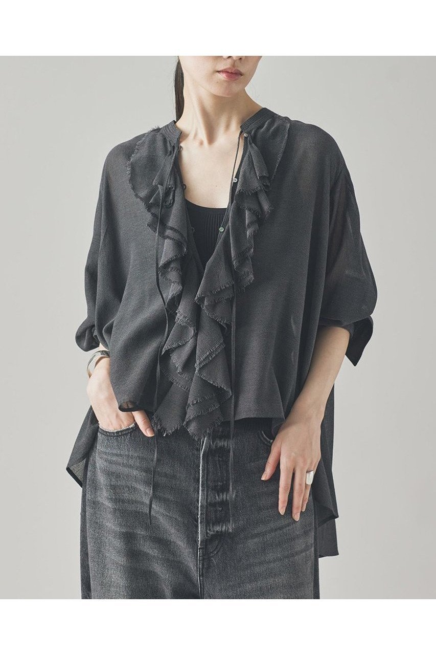 【カレンソロジー/Curensology】のウールミックスボイルフリルブラウス インテリア・キッズ・メンズ・レディースファッション・服の通販 founy(ファニー) 　ファッション　Fashion　レディースファッション　Fashion for Women　トップス・カットソー　Cut & Sew Tops　シャツ・ブラウス・オフィスカジュアル　Elegant Blouses & Button-Ups　おすすめ　Recommended / Our Picks　インナー　Innerwear　カーディガン　Cardigan, Knitwear　スリーブ　Sleeve, Long Sleeve / Short Sleeve　バランス　Balance, Style Balance　フリル　Frill, Ruffle　ロング　Long, Long-Length　新作・新入荷　New Arrivals / New In　グレー|ID: prp329100004606082 ipo3291000000032835860