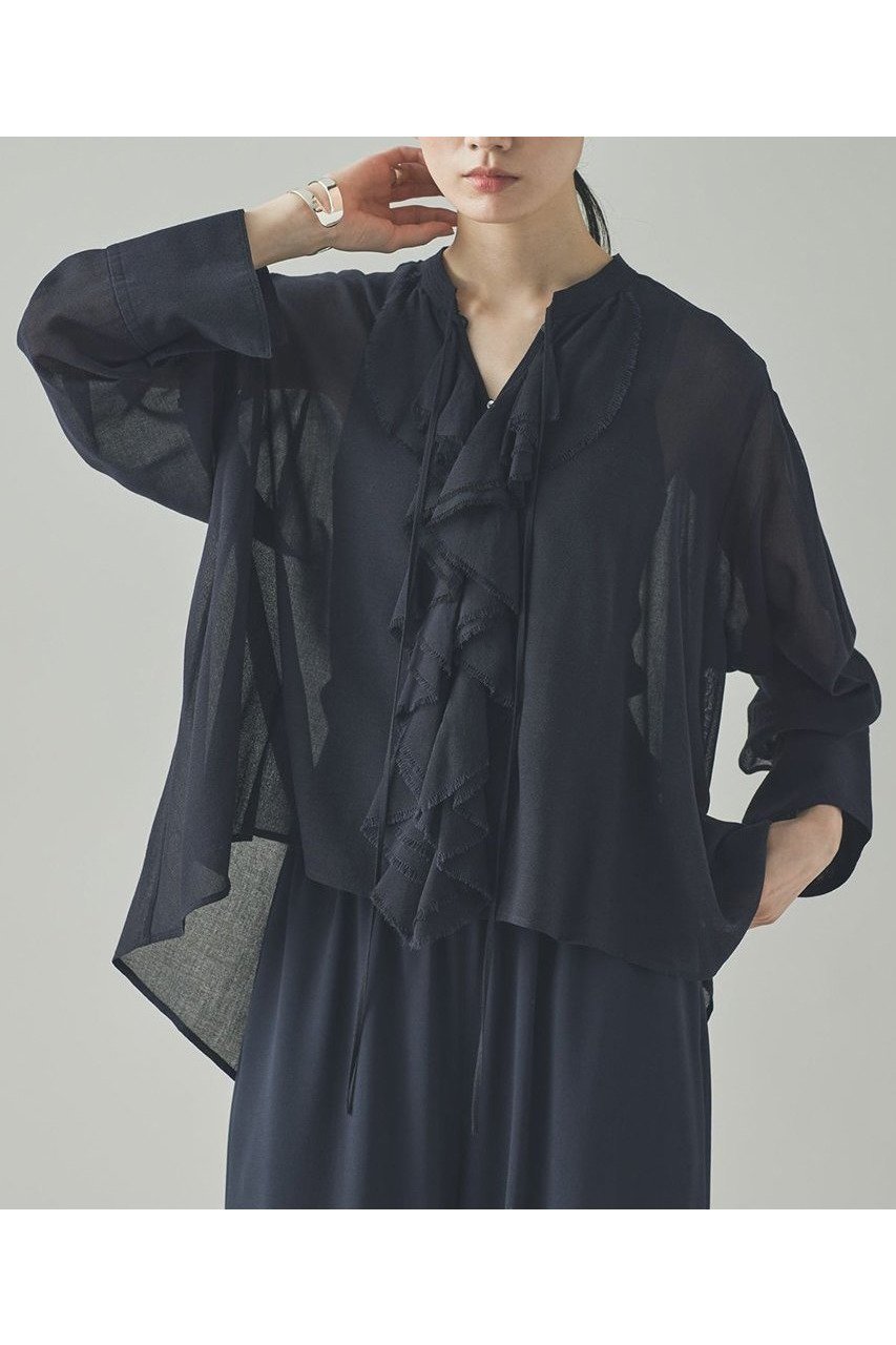 【カレンソロジー/Curensology】のウールミックスボイルフリルブラウス インテリア・キッズ・メンズ・レディースファッション・服の通販 founy(ファニー) 　ファッション　Fashion　レディースファッション　Fashion for Women　トップス・カットソー　Cut & Sew Tops　シャツ・ブラウス・オフィスカジュアル　Elegant Blouses & Button-Ups　おすすめ　Recommended / Our Picks　インナー　Innerwear　カーディガン　Cardigan, Knitwear　スリーブ　Sleeve, Long Sleeve / Short Sleeve　バランス　Balance, Style Balance　フリル　Frill, Ruffle　ロング　Long, Long-Length　新作・新入荷　New Arrivals / New In　ネイビー|ID: prp329100004606082 ipo3291000000032835865