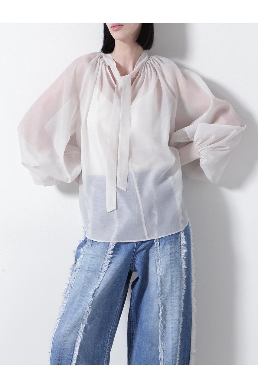 【ヒューエルミュージアム/hueLe Museum】の【STUMBLY】Sheer Organdy Bow-Tie BL インテリア・キッズ・メンズ・レディースファッション・服の通販 founy(ファニー) 　ファッション　Fashion　レディースファッション　Fashion for Women　トップス・カットソー　Cut & Sew Tops　シャツ・ブラウス・オフィスカジュアル　Elegant Blouses & Button-Ups　ギャザー　Gathered, Ruffled　スリーブ　Sleeve, Long Sleeve / Short Sleeve　フォルム　Silhouette, Form　ロング　Long, Long-Length　新作・新入荷　New Arrivals / New In　ホワイト|ID: prp329100004606084 ipo3291000000032835962