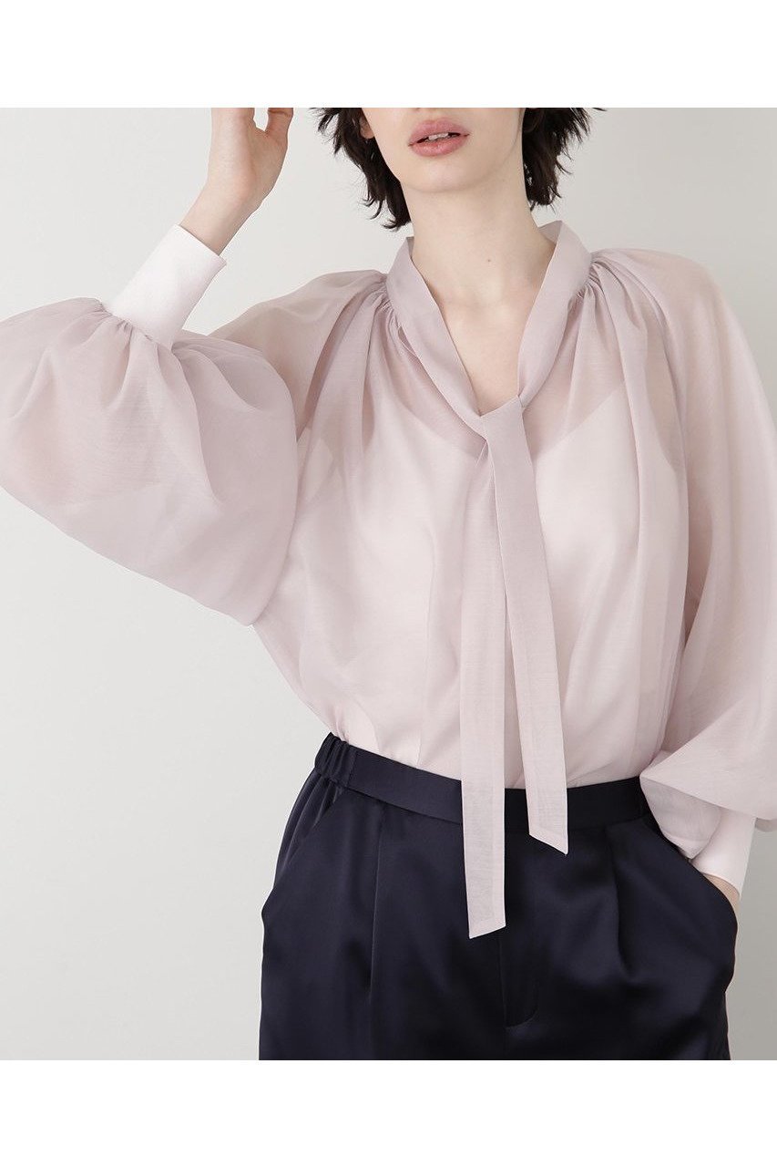 【ヒューエルミュージアム/hueLe Museum】の【STUMBLY】Sheer Organdy Bow-Tie BL インテリア・キッズ・メンズ・レディースファッション・服の通販 founy(ファニー) 　ファッション　Fashion　レディースファッション　Fashion for Women　トップス・カットソー　Cut & Sew Tops　シャツ・ブラウス・オフィスカジュアル　Elegant Blouses & Button-Ups　ギャザー　Gathered, Ruffled　スリーブ　Sleeve, Long Sleeve / Short Sleeve　フォルム　Silhouette, Form　ロング　Long, Long-Length　新作・新入荷　New Arrivals / New In　ピンク|ID: prp329100004606084 ipo3291000000032835967