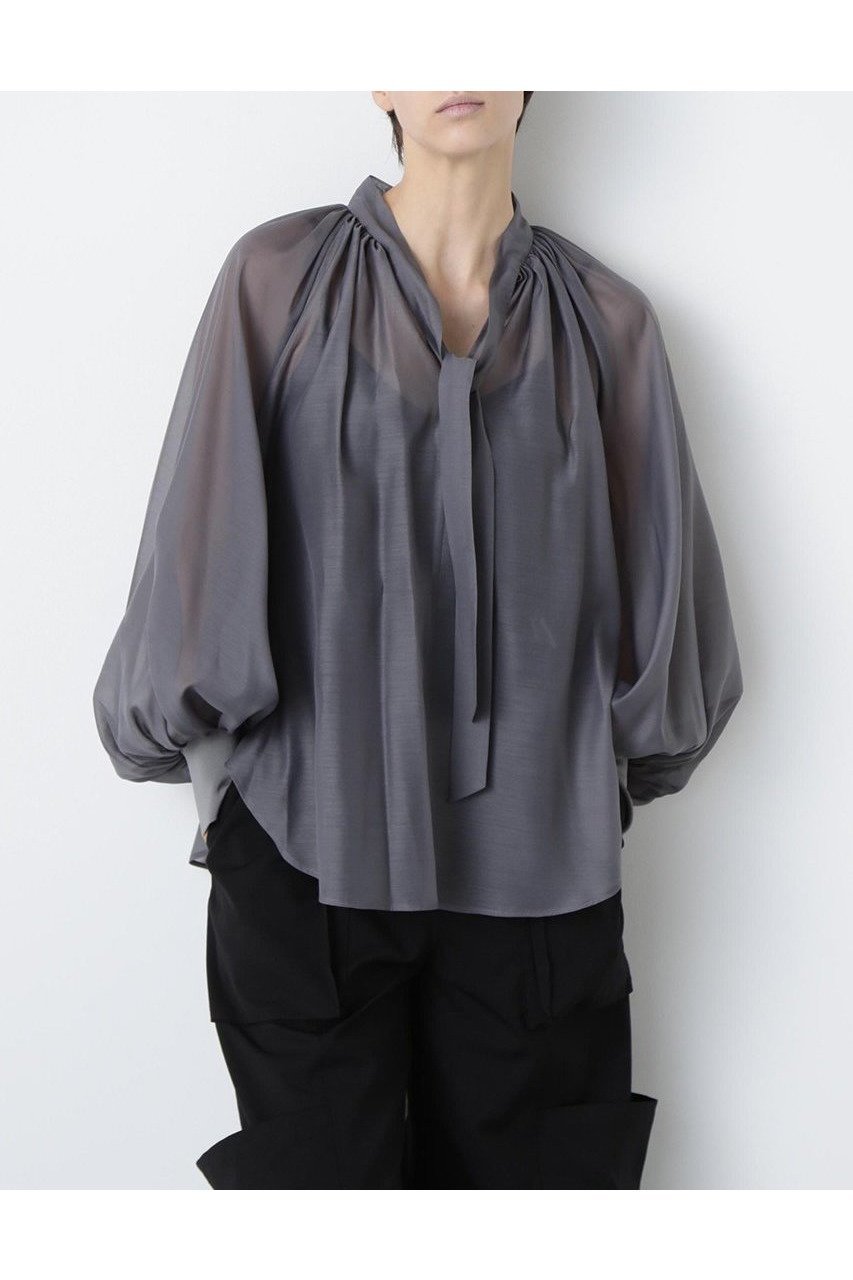 【ヒューエルミュージアム/hueLe Museum】の【STUMBLY】Sheer Organdy Bow-Tie BL インテリア・キッズ・メンズ・レディースファッション・服の通販 founy(ファニー) 　ファッション　Fashion　レディースファッション　Fashion for Women　トップス・カットソー　Cut & Sew Tops　シャツ・ブラウス・オフィスカジュアル　Elegant Blouses & Button-Ups　ギャザー　Gathered, Ruffled　スリーブ　Sleeve, Long Sleeve / Short Sleeve　フォルム　Silhouette, Form　ロング　Long, Long-Length　新作・新入荷　New Arrivals / New In　グレー|ID: prp329100004606084 ipo3291000000032835971