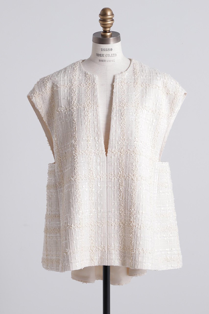 【ヒューエルミュージアム/hueLe Museum】の【STUMBLY】Tweed Back Peplum Gilet Blouse 人気、トレンドファッション・服の通販 founy(ファニー) 　ファッション　Fashion　レディースファッション　Fashion for Women　アウター　Coat / Outerwear Collection　トップス・カットソー　Cut & Sew Tops　キャミソール&ノースリーブ　Camisoles & Sleeveless Tops　シャツ・ブラウス・オフィスカジュアル　Elegant Blouses & Button-Ups　ベスト&ジレ / 重ね着スタイル　Vests & Gilets　クラシカル　Classical, Vintage-Inspired　ツイード　Twill, Twill Weave　ノースリーブ　Sleeveless, No-Sleeve　フロント　Front, Front Design　ペプラム　Peplum, Flared Hem　切替　Switching, Contrast Panel　定番　Standard, Basic Item　other-2|ID: prp329100004606086 ipo3291000000032836025
