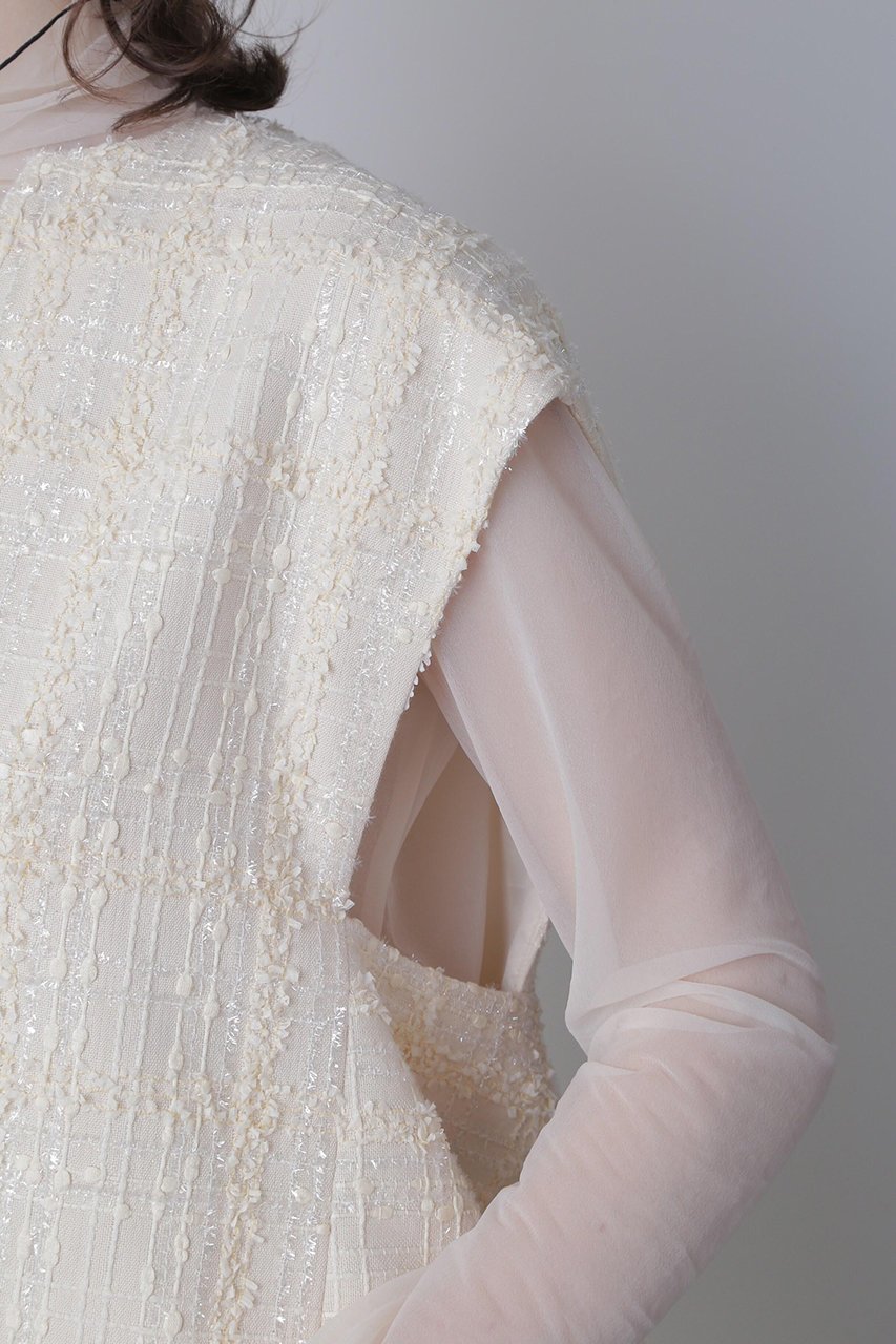 【ヒューエルミュージアム/hueLe Museum】の【STUMBLY】Tweed Back Peplum Gilet Blouse 人気、トレンドファッション・服の通販 founy(ファニー) 　ファッション　Fashion　レディースファッション　Fashion for Women　アウター　Coat / Outerwear Collection　トップス・カットソー　Cut & Sew Tops　キャミソール&ノースリーブ　Camisoles & Sleeveless Tops　シャツ・ブラウス・オフィスカジュアル　Elegant Blouses & Button-Ups　ベスト&ジレ / 重ね着スタイル　Vests & Gilets　クラシカル　Classical, Vintage-Inspired　ツイード　Twill, Twill Weave　ノースリーブ　Sleeveless, No-Sleeve　フロント　Front, Front Design　ペプラム　Peplum, Flared Hem　切替　Switching, Contrast Panel　定番　Standard, Basic Item　other-6|ID: prp329100004606086 ipo3291000000032836046