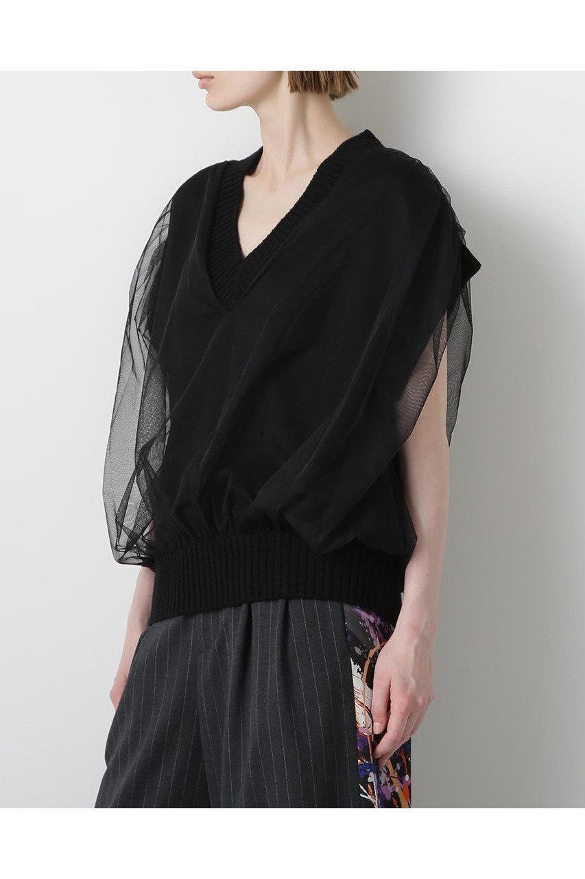 【ヒューエルミュージアム/hueLe Museum】の【STUMBLY】Tulle Combination V-neck Gile インテリア・キッズ・メンズ・レディースファッション・服の通販 founy(ファニー) 　ファッション　Fashion　レディースファッション　Fashion for Women　トップス・カットソー　Cut & Sew Tops　ニット　Knit Tops & Sweaters　カジュアルプルオーバー・ニットトップス　Pullovers & Knit Tops / Casual Pullovers　Vネックトップス　V-Neck Tops / V-Cut Neckline Shirts　エレガント 上品　Elegant　チュール　Tulip, Tulip Motif　新作・新入荷　New Arrivals / New In　畦　Ribbed Knit　ブラック|ID: prp329100004606117 ipo3291000000032837457