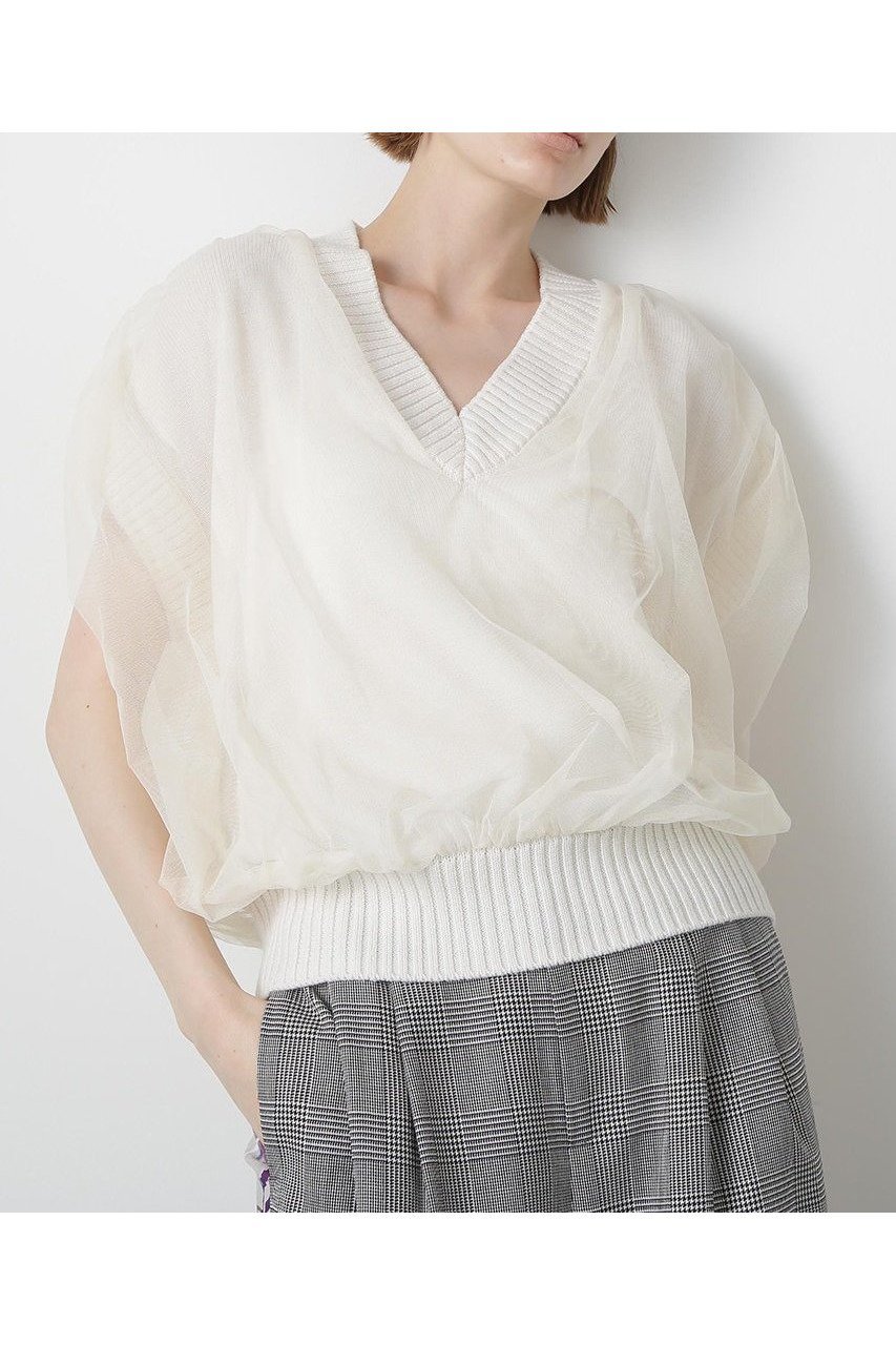 【ヒューエルミュージアム/hueLe Museum】の【STUMBLY】Tulle Combination V-neck Gile インテリア・キッズ・メンズ・レディースファッション・服の通販 founy(ファニー) 　ファッション　Fashion　レディースファッション　Fashion for Women　トップス・カットソー　Cut & Sew Tops　ニット　Knit Tops & Sweaters　カジュアルプルオーバー・ニットトップス　Pullovers & Knit Tops / Casual Pullovers　Vネックトップス　V-Neck Tops / V-Cut Neckline Shirts　エレガント 上品　Elegant　チュール　Tulip, Tulip Motif　新作・新入荷　New Arrivals / New In　畦　Ribbed Knit　ホワイト|ID: prp329100004606117 ipo3291000000032837461