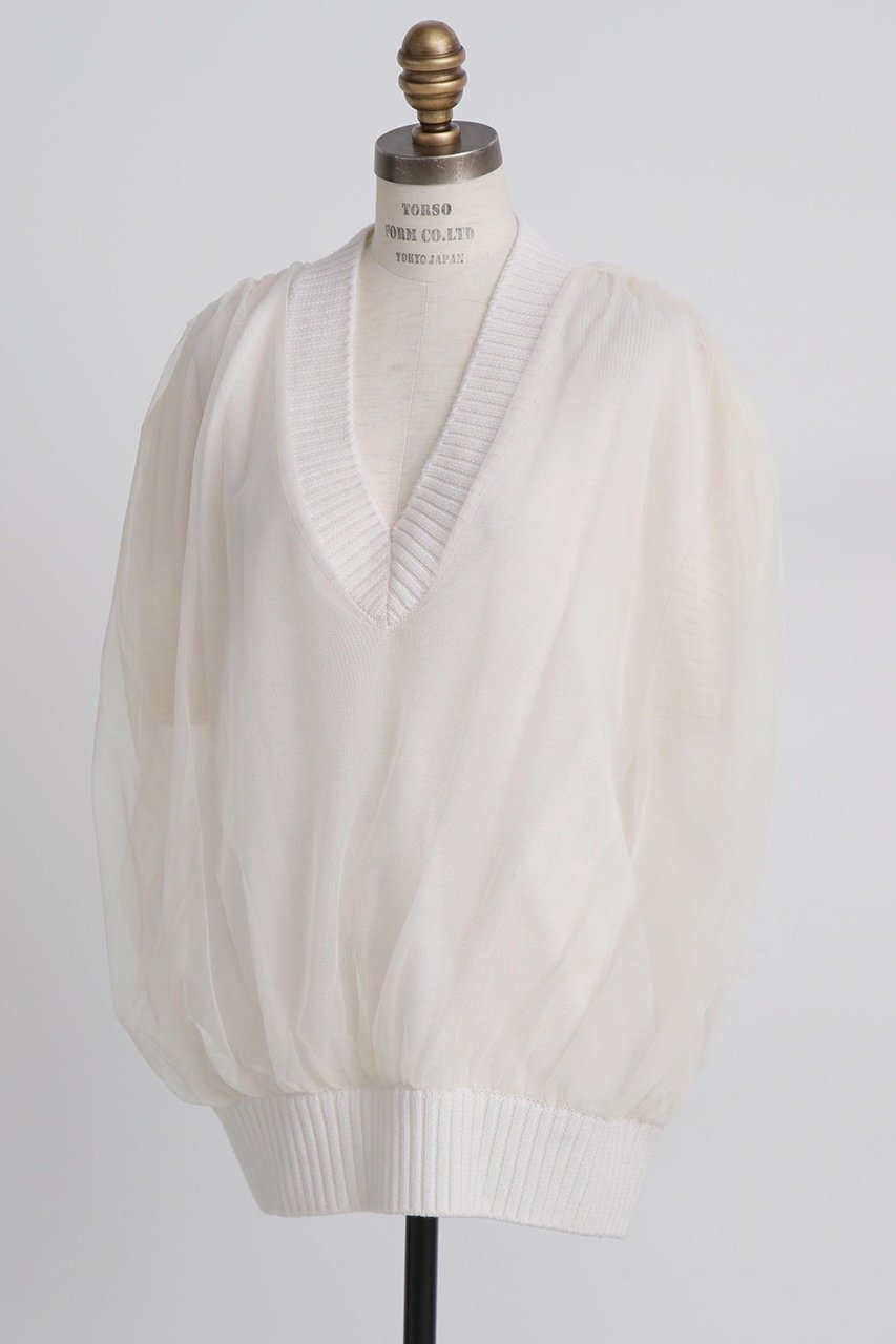 【ヒューエルミュージアム/hueLe Museum】の【STUMBLY】Tulle Combination V-neck Gile 人気、トレンドファッション・服の通販 founy(ファニー) 　ファッション　Fashion　レディースファッション　Fashion for Women　トップス・カットソー　Cut & Sew Tops　ニット　Knit Tops & Sweaters　カジュアルプルオーバー・ニットトップス　Pullovers & Knit Tops / Casual Pullovers　Vネックトップス　V-Neck Tops / V-Cut Neckline Shirts　エレガント 上品　Elegant　チュール　Tulip, Tulip Motif　新作・新入荷　New Arrivals / New In　畦　Ribbed Knit　other-2|ID: prp329100004606117 ipo3291000000032837467