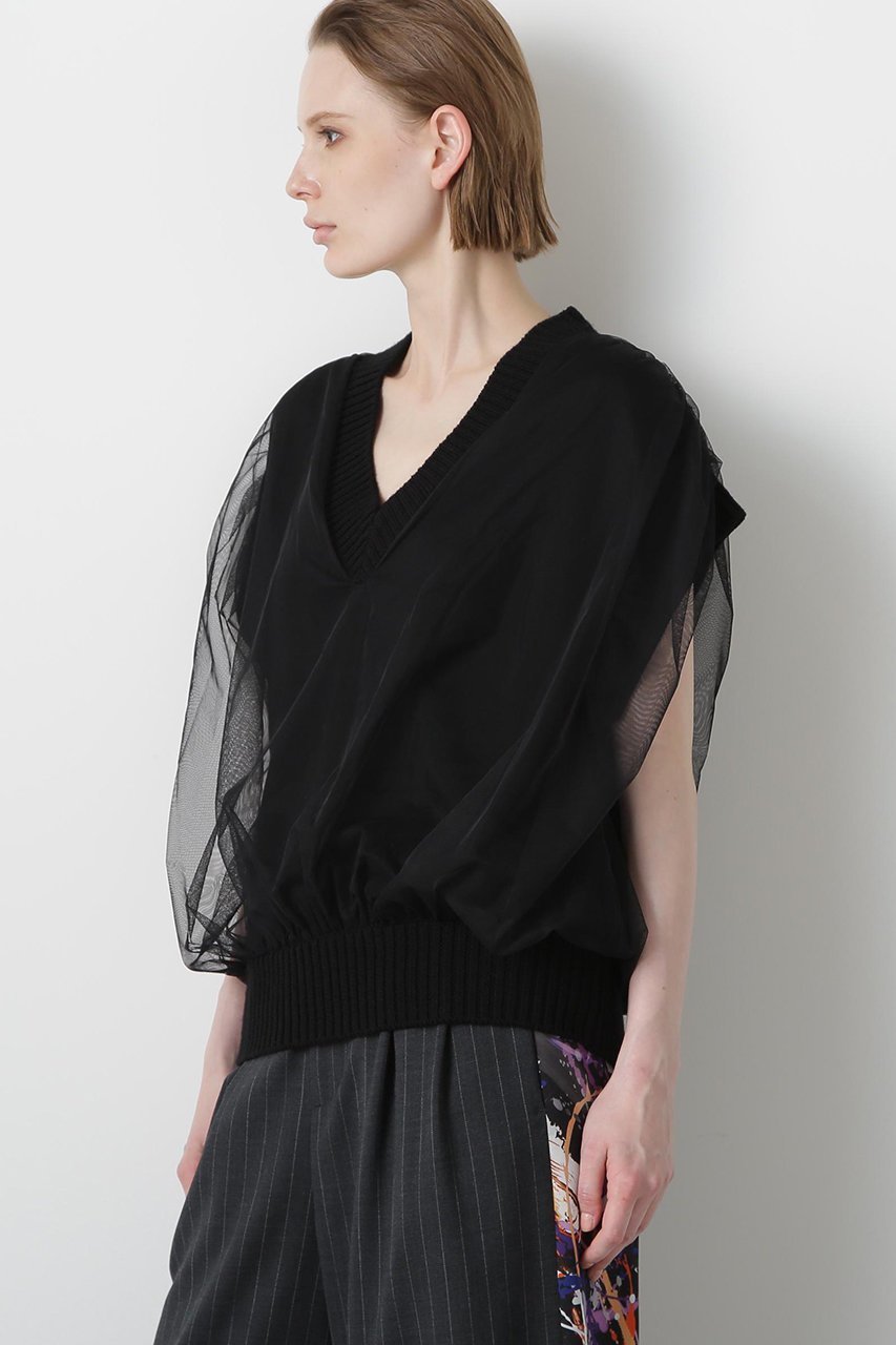 【ヒューエルミュージアム/hueLe Museum】の【STUMBLY】Tulle Combination V-neck Gile インテリア・キッズ・メンズ・レディースファッション・服の通販 founy(ファニー) 　ファッション　Fashion　レディースファッション　Fashion for Women　トップス・カットソー　Cut & Sew Tops　ニット　Knit Tops & Sweaters　カジュアルプルオーバー・ニットトップス　Pullovers & Knit Tops / Casual Pullovers　Vネックトップス　V-Neck Tops / V-Cut Neckline Shirts　エレガント 上品　Elegant　チュール　Tulip, Tulip Motif　畦　Ribbed Knit　ブラック|ID: prp329100004606117 ipo3291000000035795794