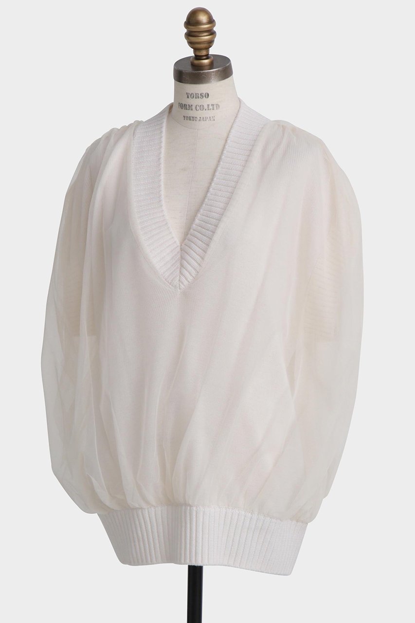 【ヒューエルミュージアム/hueLe Museum】の【STUMBLY】Tulle Combination V-neck Gile 人気、トレンドファッション・服の通販 founy(ファニー) 　ファッション　Fashion　レディースファッション　Fashion for Women　トップス・カットソー　Cut & Sew Tops　ニット　Knit Tops & Sweaters　カジュアルプルオーバー・ニットトップス　Pullovers & Knit Tops / Casual Pullovers　Vネックトップス　V-Neck Tops / V-Cut Neckline Shirts　エレガント 上品　Elegant　チュール　Tulip, Tulip Motif　畦　Ribbed Knit　other-2|ID: prp329100004606117 ipo3291000000035795800