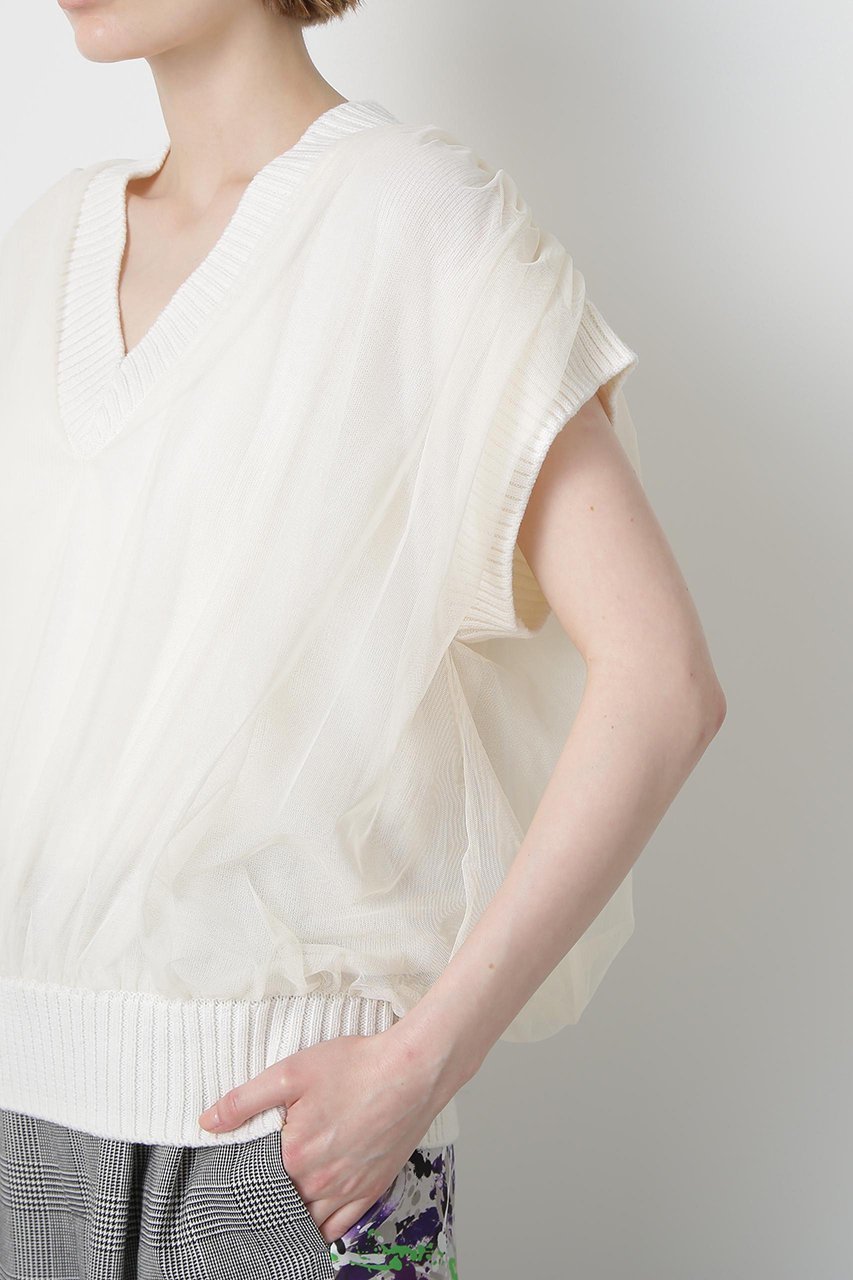 【ヒューエルミュージアム/hueLe Museum】の【STUMBLY】Tulle Combination V-neck Gile 人気、トレンドファッション・服の通販 founy(ファニー) 　ファッション　Fashion　レディースファッション　Fashion for Women　トップス・カットソー　Cut & Sew Tops　ニット　Knit Tops & Sweaters　カジュアルプルオーバー・ニットトップス　Pullovers & Knit Tops / Casual Pullovers　Vネックトップス　V-Neck Tops / V-Cut Neckline Shirts　エレガント 上品　Elegant　チュール　Tulip, Tulip Motif　畦　Ribbed Knit　other-7|ID: prp329100004606117 ipo3291000000035795815