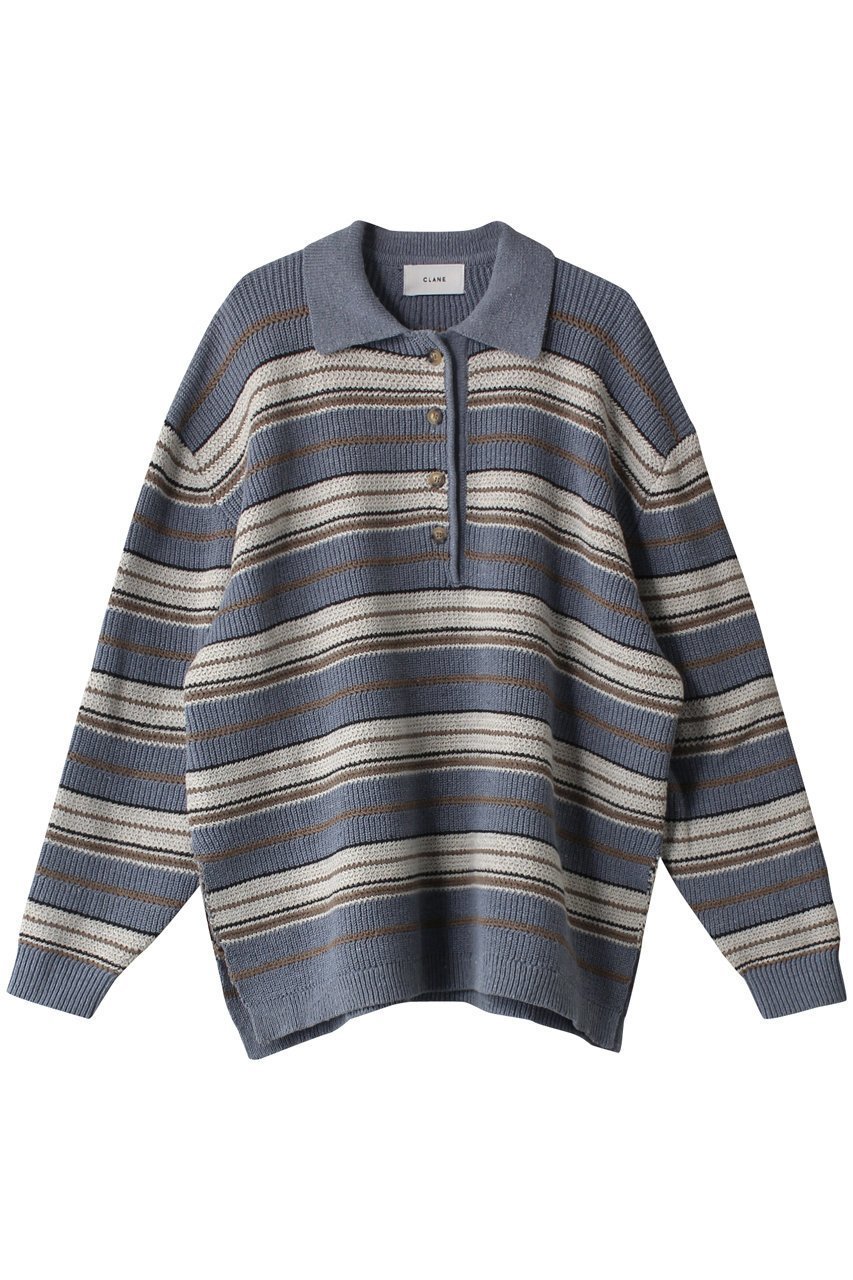 【クラネ/CLANE】のMULTI BORDER KNIT POLO TOPS/トップス インテリア・キッズ・メンズ・レディースファッション・服の通販 founy(ファニー) 　ファッション　Fashion　レディースファッション　Fashion for Women　トップス・カットソー　Cut & Sew Tops　ニット　Knit Tops & Sweaters　シャツ・ブラウス・オフィスカジュアル　Elegant Blouses & Button-Ups　ロングTシャツ・Tシャツ　Longline T-Shirts & Tees　カットソー・ベーシックTシャツ　Cut-and-Sewn Tops / Stretch Tees & Basics　スリーブ　Sleeve, Long Sleeve / Short Sleeve　トレンド　Trend, Trending Now　マニッシュ　Mannish, Boyish　ロング　Long, Long-Length　BLUE|ID: prp329100004606188 ipo3291000000032839975