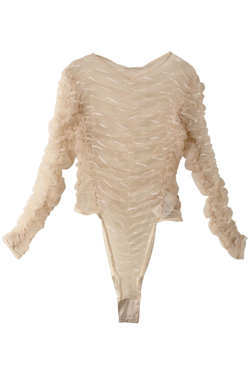 【プランク プロジェクト/PRANK PROJECT】のフロッキーロゴチュールボディスーツ / Flocky Logo Tulle Bodysuit インテリア・キッズ・メンズ・レディースファッション・服の通販 founy(ファニー) 　ファッション　Fashion　レディースファッション　Fashion for Women　トップス・カットソー　Cut & Sew Tops　キャミソール&ノースリーブ　Camisoles & Sleeveless Tops　シャツ・ブラウス・オフィスカジュアル　Elegant Blouses & Button-Ups　ロングTシャツ・Tシャツ　Longline T-Shirts & Tees　カットソー・ベーシックTシャツ　Cut-and-Sewn Tops / Stretch Tees & Basics　おすすめ　Recommended / Our Picks　インナー　Innerwear　キャミソール　Camisole, Spaghetti Strap Top　ギャザー　Gathered, Ruffled　シアー　Sheer, See-Through　シャーリング　Shirring, Ruched　スーツ　Suit, Formalwear　セットアップ　Set-Up, Coordinated Outfit　タンク　Tank Top, Sleeveless Top　プリント　Print, Printed Pattern　BGE(ベージュ)|ID: prp329100004606203 ipo3291000000032840516
